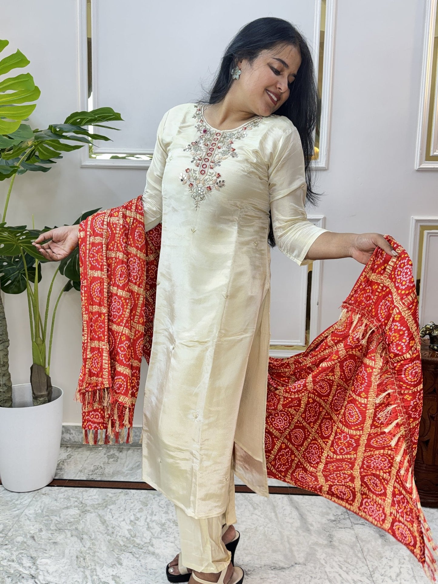 Cream Chanderi Kurta Set with Bandhani Dupatta - Brisora, view 10 of 10