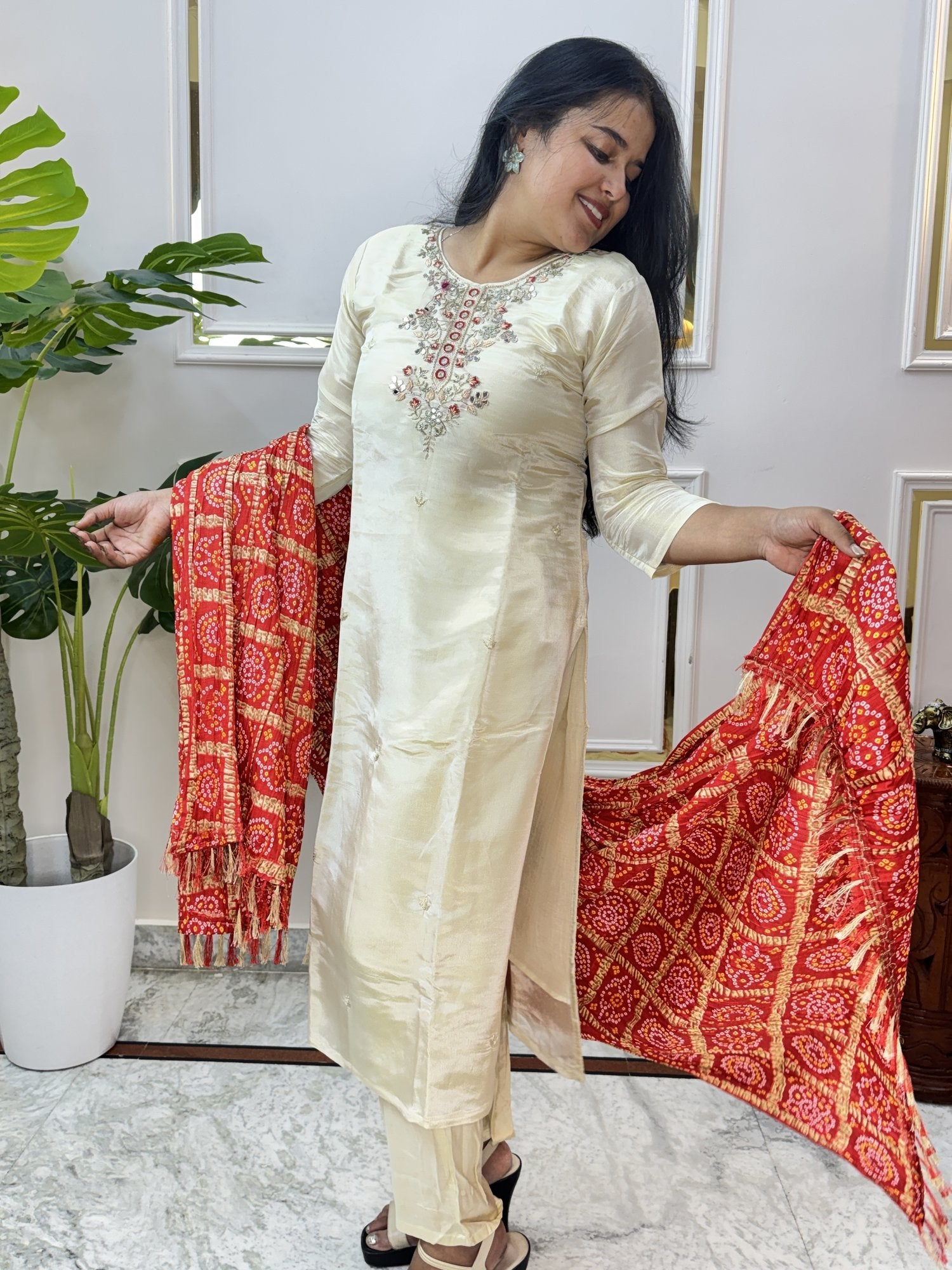 Cream Chanderi Kurta Set with Bandhani Dupatta - Brisora, view 10 of 10