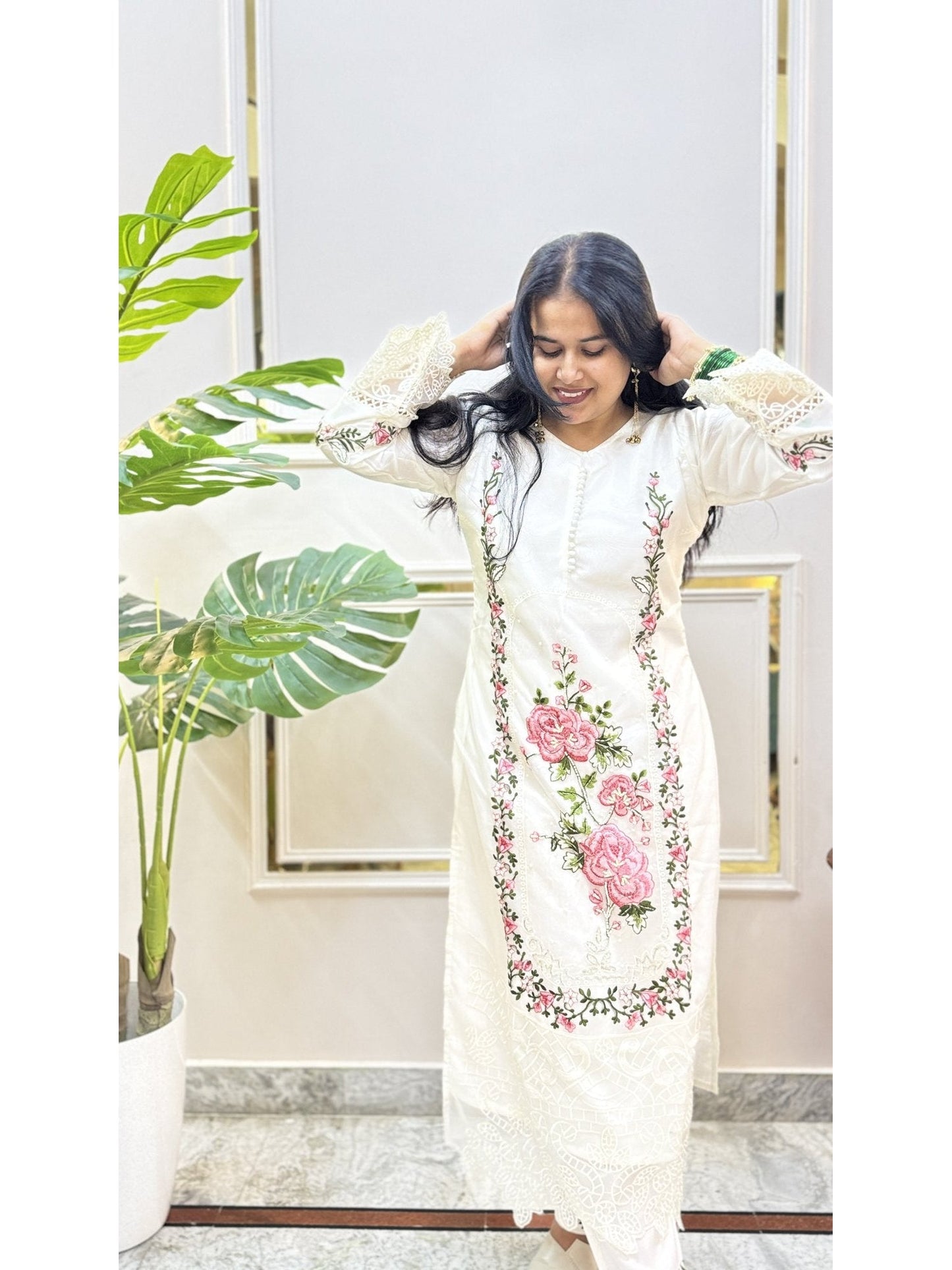Cream Rose Embroidered Kurta Set - Brisora, view 1 of 9