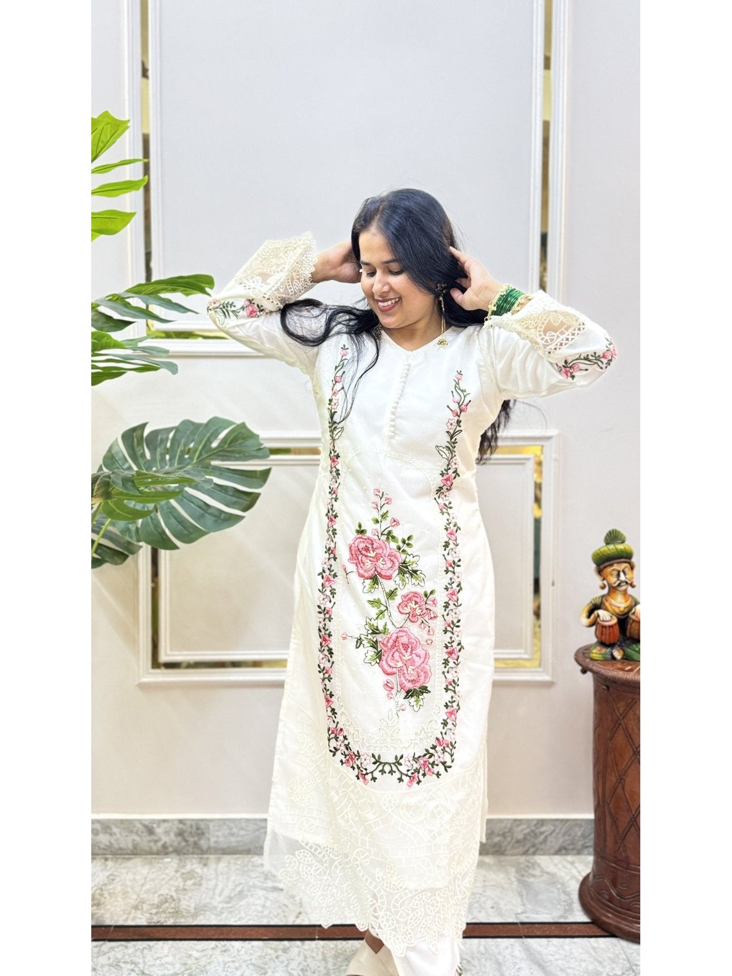 Cream Rose Embroidered Kurta Set - Brisora, view 2 of 9