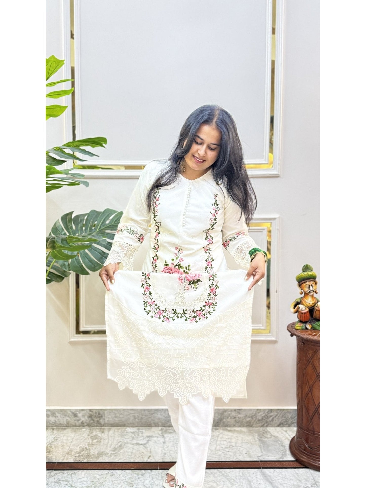 Cream Rose Embroidered Kurta Set - Brisora, view 6 of 9