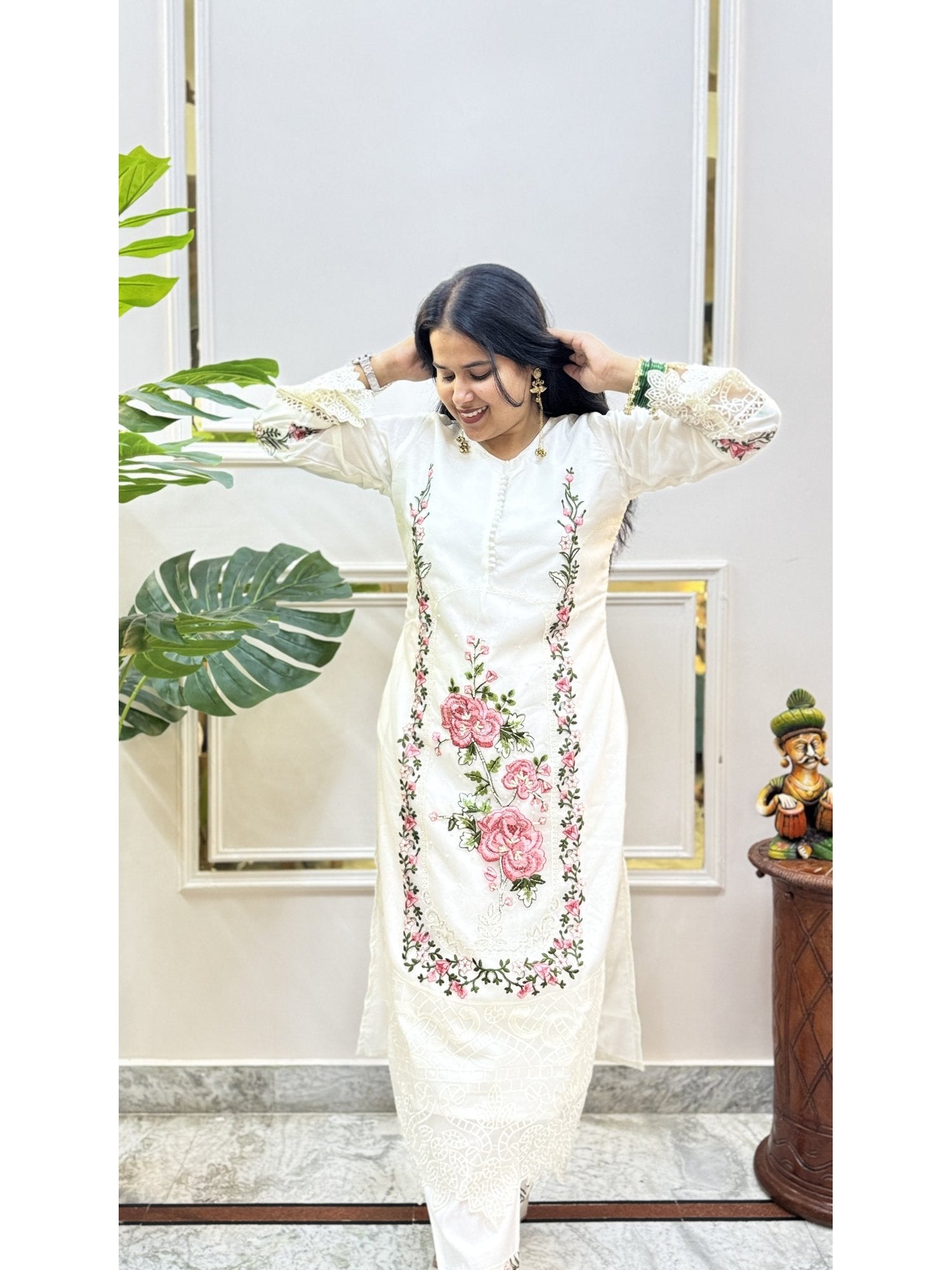 Cream Rose Embroidered Kurta Set - Brisora, view 9 of 9