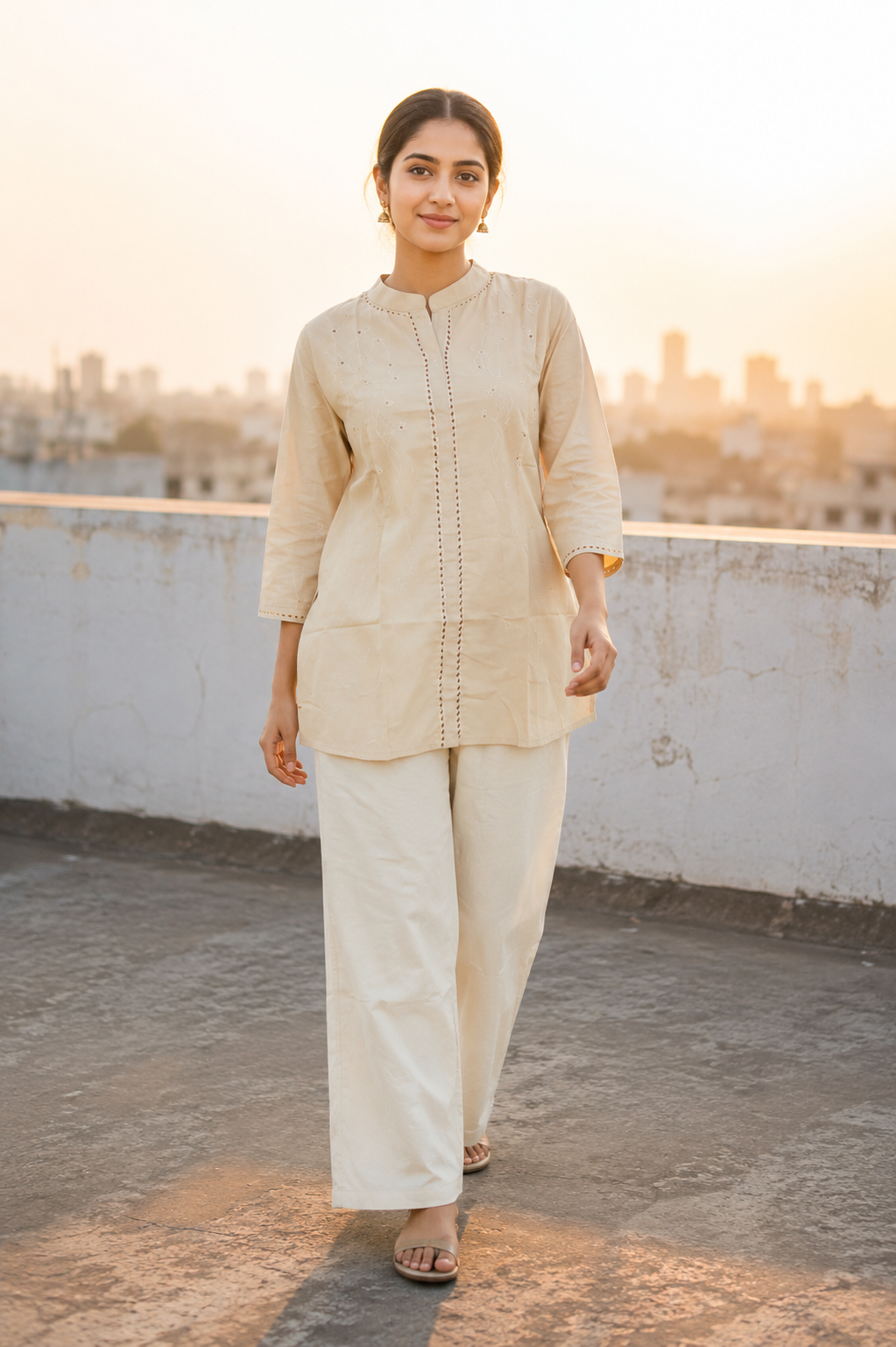 Cream Self-Embroidered Kurti Set - view 1