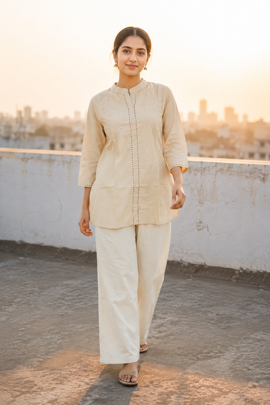 Cream Self-Embroidered Kurti Set - view 1