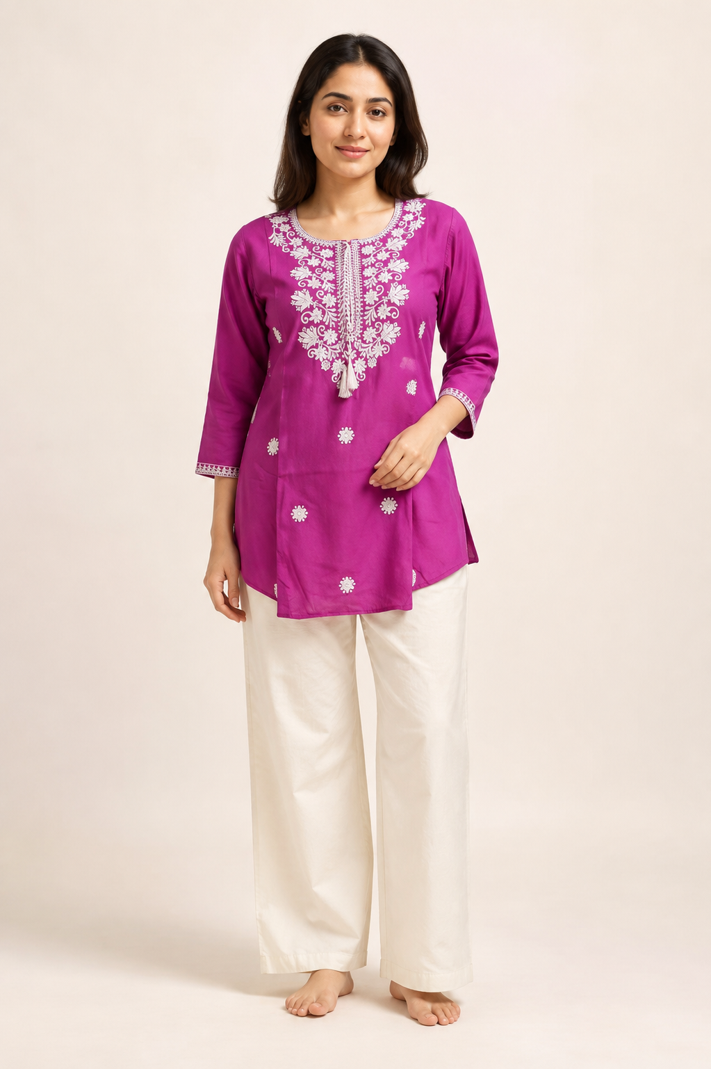 Magenta Chikankari Embroidered Kurti Set - view 1