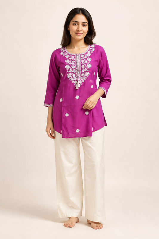 Magenta Chikankari Embroidered Kurti Set - view 1