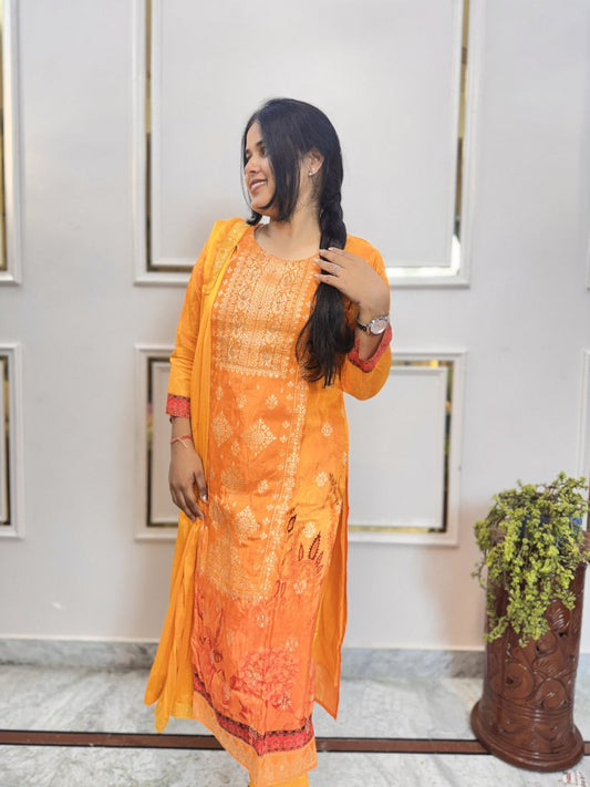 Marigold Orange Kurta Set with Banarasi Dupatta - Brisora, view 1 of 10