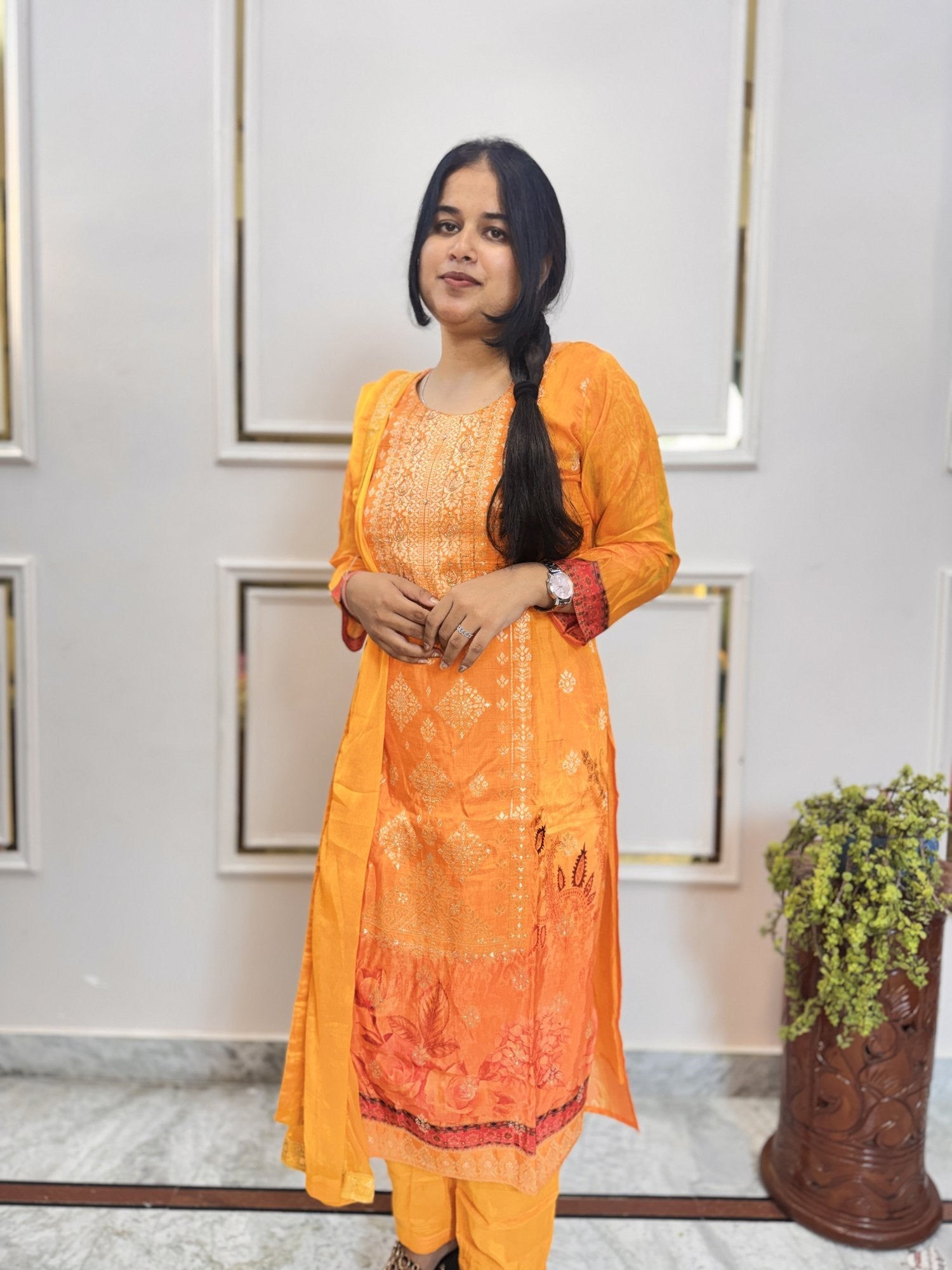 Marigold Orange Kurta Set with Banarasi Dupatta - Brisora, view 2 of 10