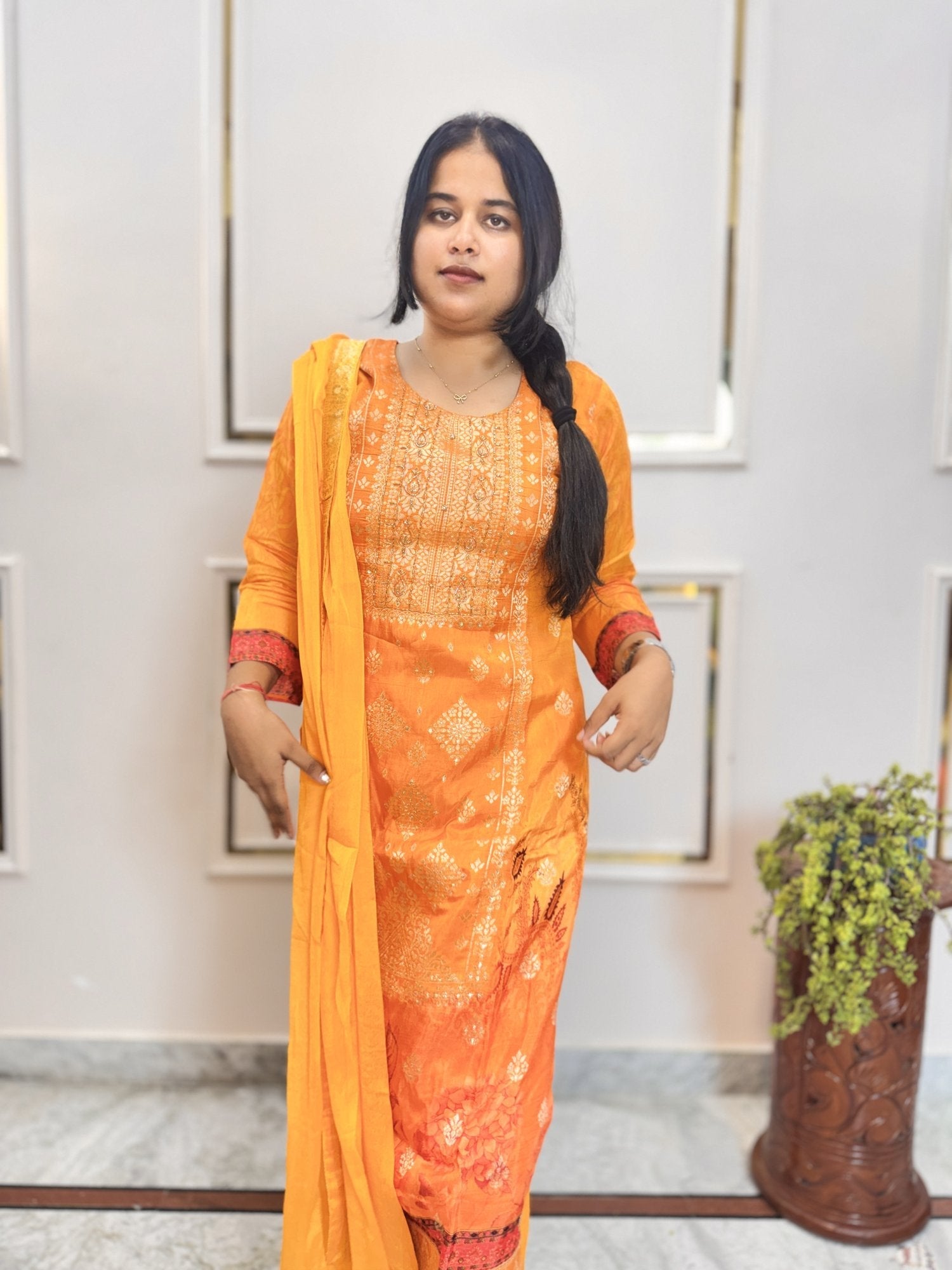 Marigold Orange Kurta Set with Banarasi Dupatta - Brisora, view 3 of 10