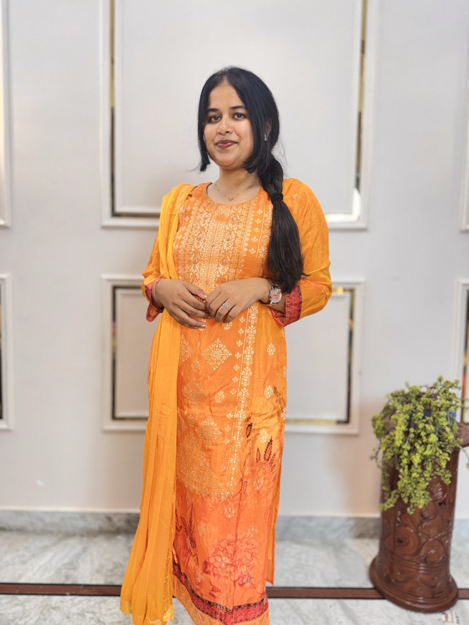 Marigold Orange Kurta Set with Banarasi Dupatta - Brisora, view 4 of 10
