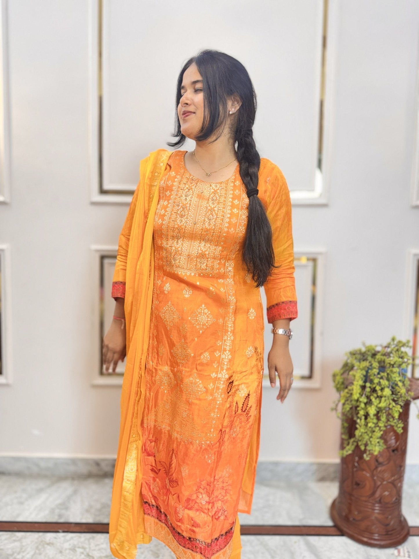 Marigold Orange Kurta Set with Banarasi Dupatta - Brisora, view 5 of 10
