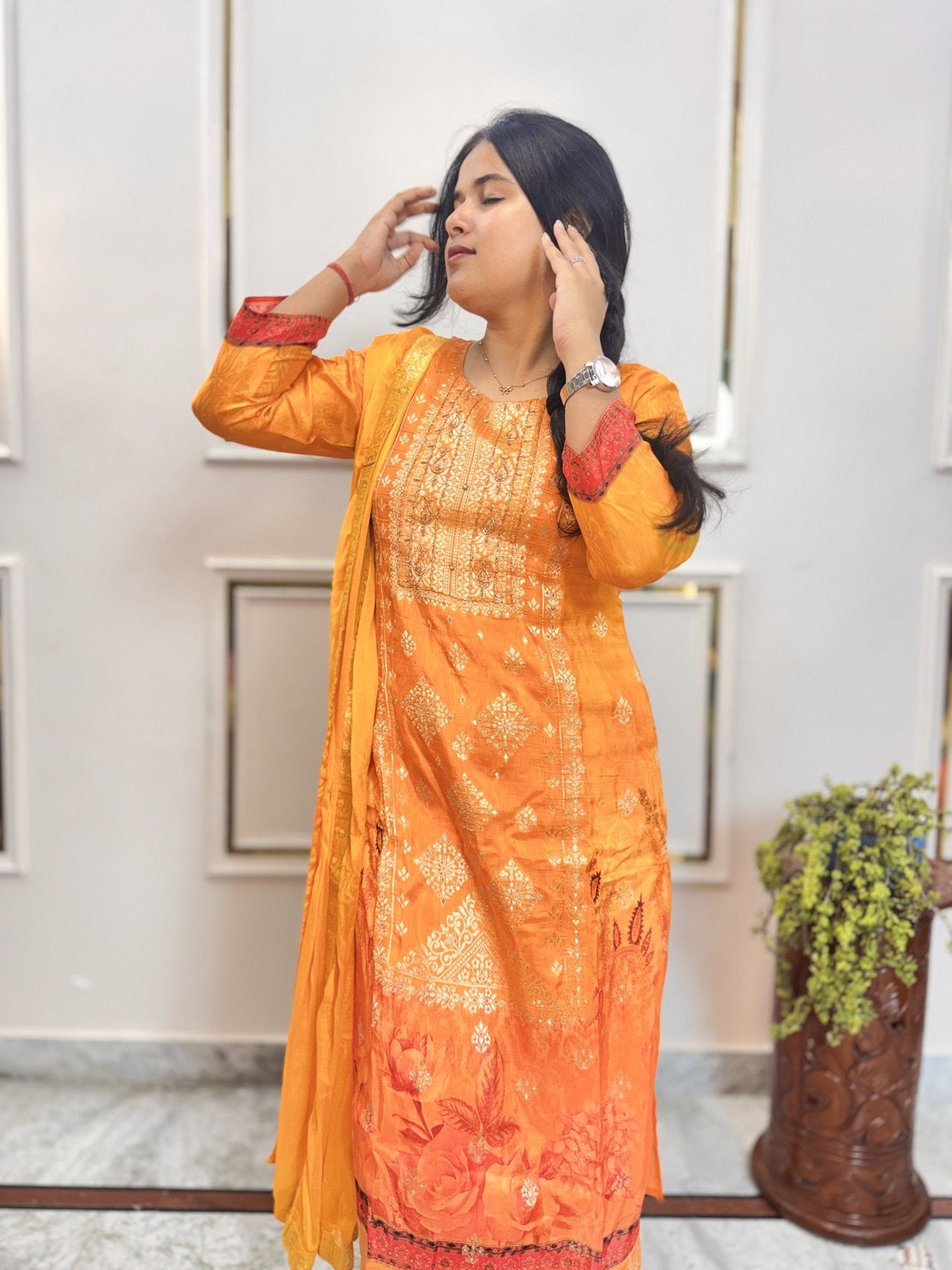 Marigold Orange Kurta Set with Banarasi Dupatta - Brisora, view 6 of 10