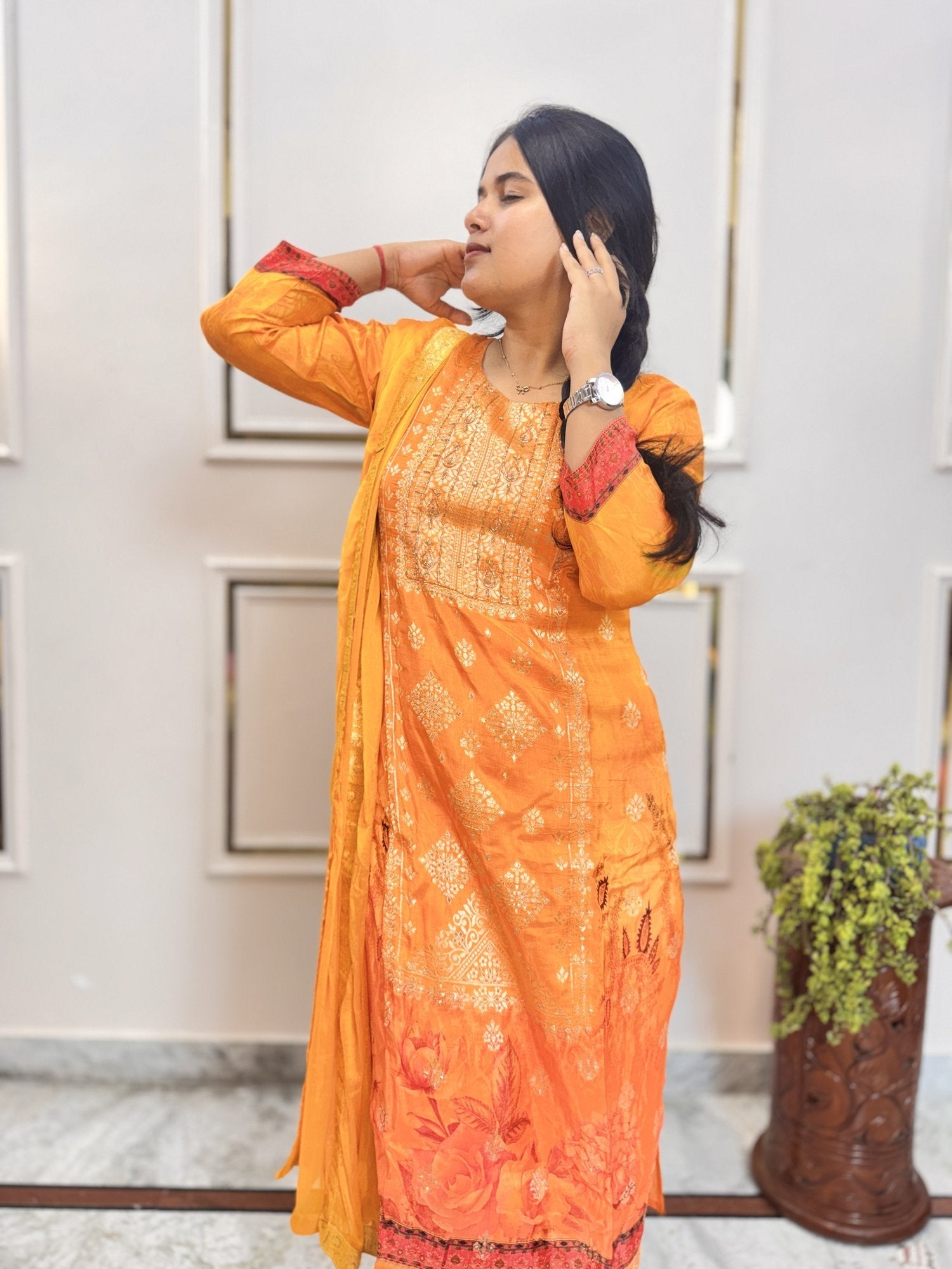 Marigold Orange Kurta Set with Banarasi Dupatta - Brisora, view 7 of 10