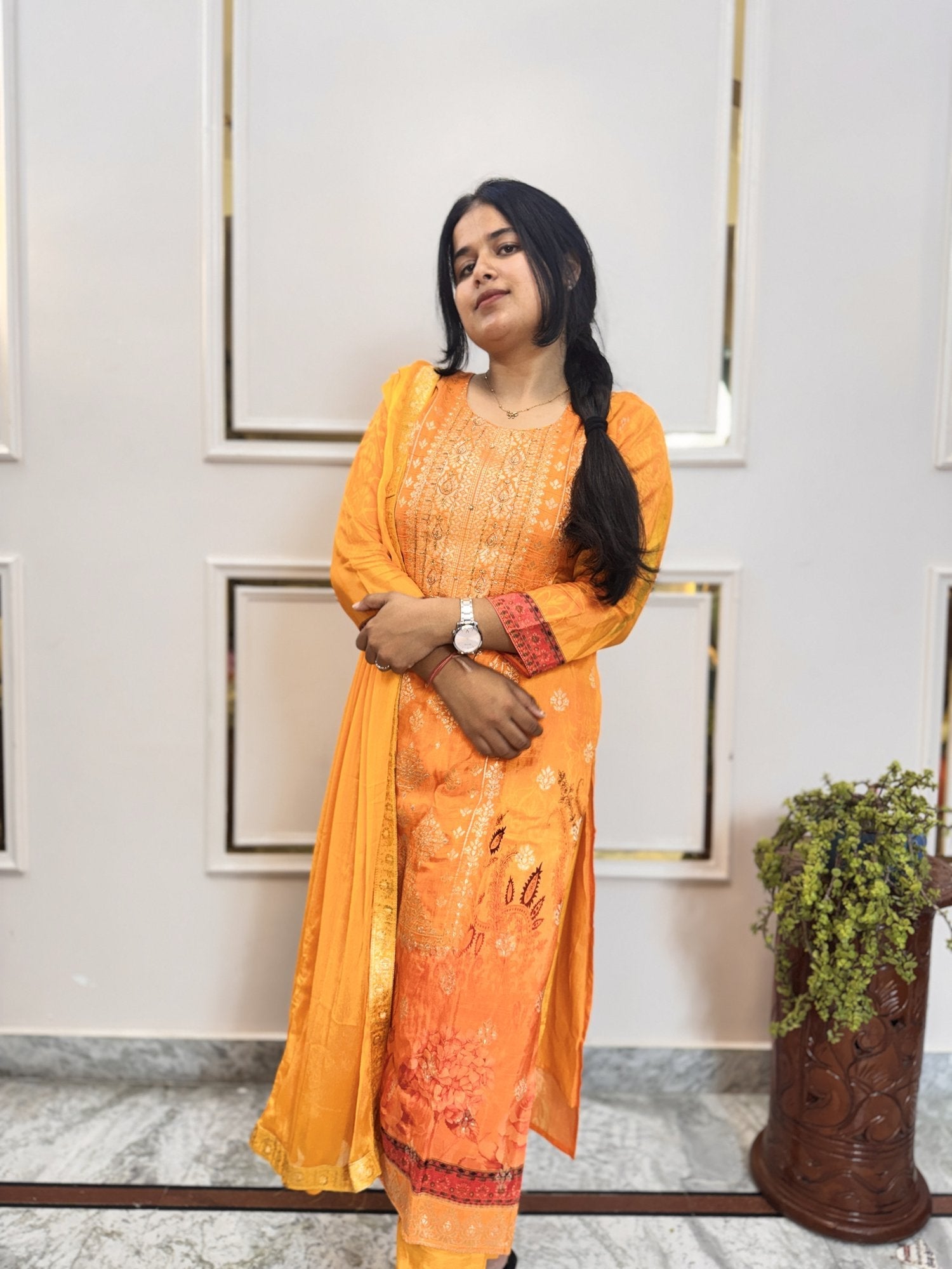 Marigold Orange Kurta Set with Banarasi Dupatta - Brisora, view 8 of 10