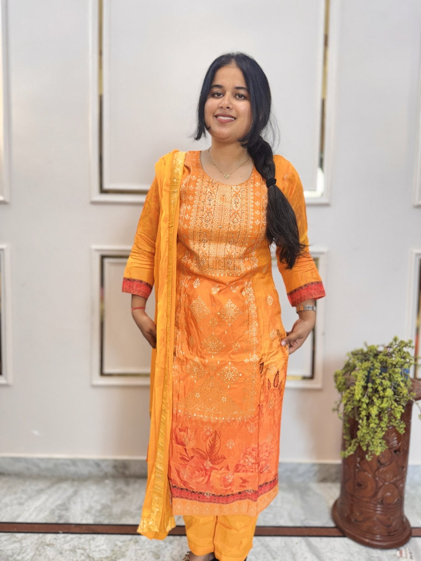 Marigold Orange Kurta Set with Banarasi Dupatta - Brisora, view 9 of 10