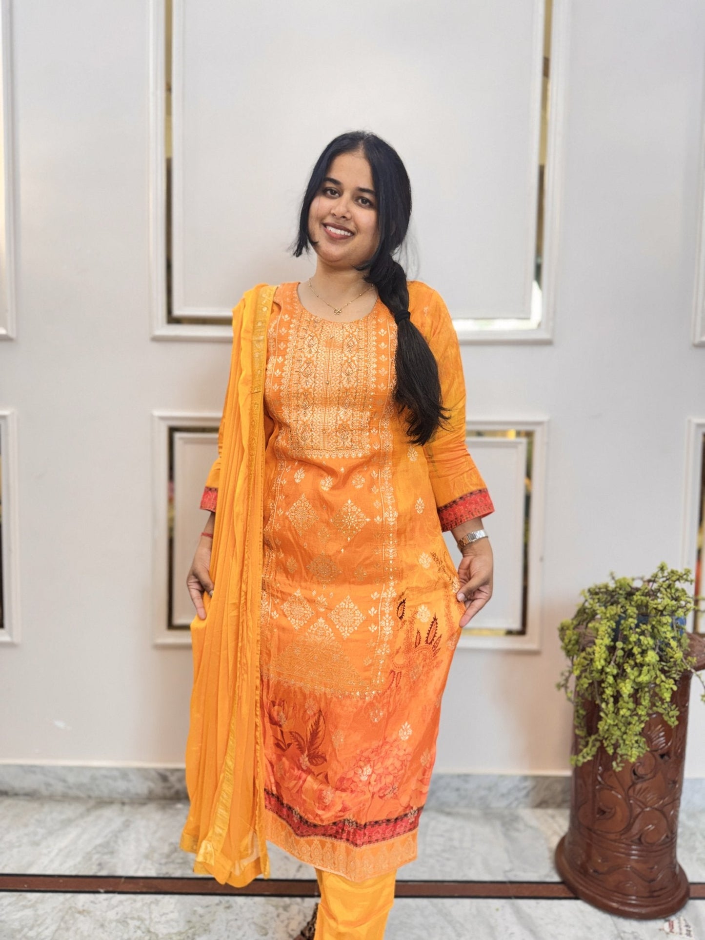 Marigold Orange Kurta Set with Banarasi Dupatta - Brisora, view 10 of 10