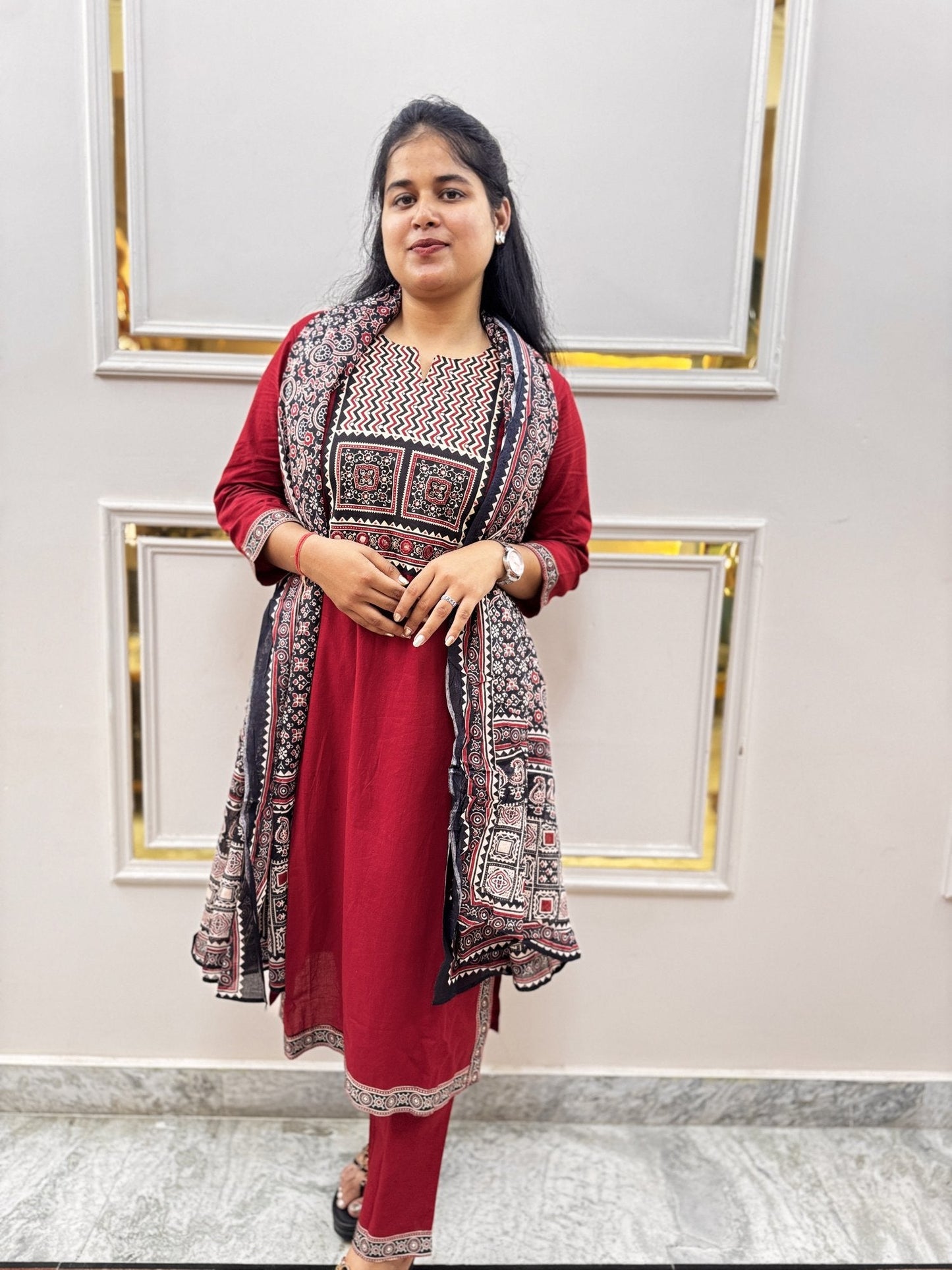Maroon Ajrakh Print Cotton Kurta Set with Dupatta - Brisora, view 1 of 7