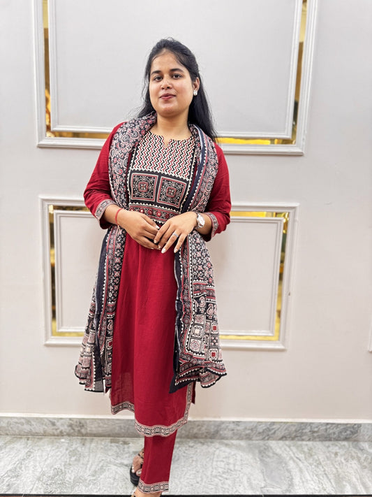 Maroon Ajrakh Print Cotton Kurta Set with Dupatta - Brisora, view 1 of 7
