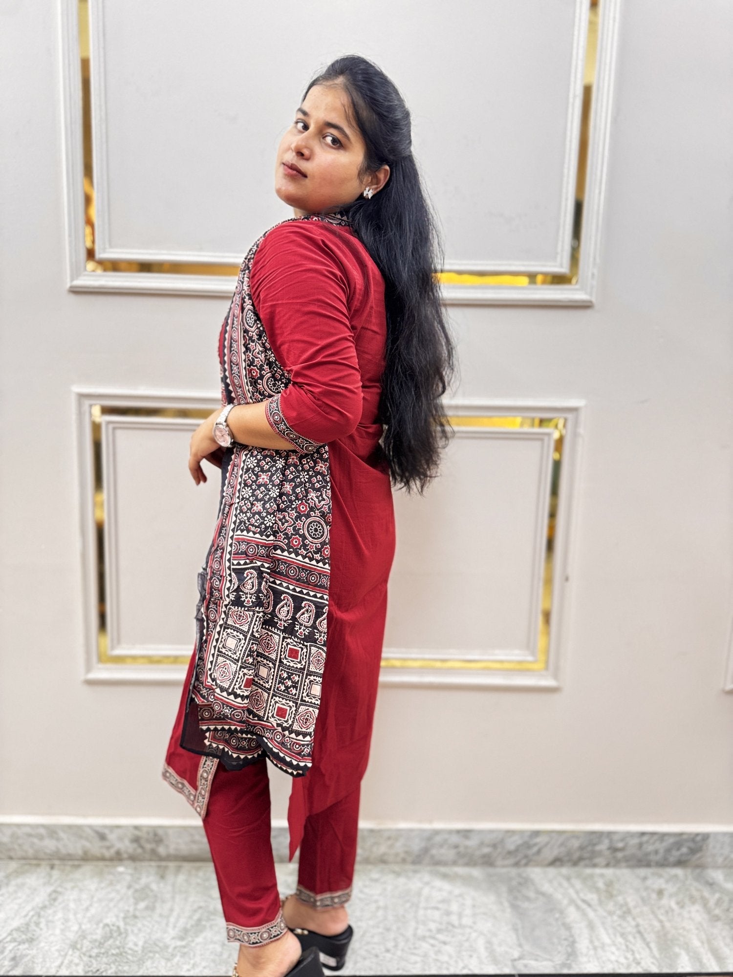 Maroon Ajrakh Print Cotton Kurta Set with Dupatta - Brisora, view 3 of 7