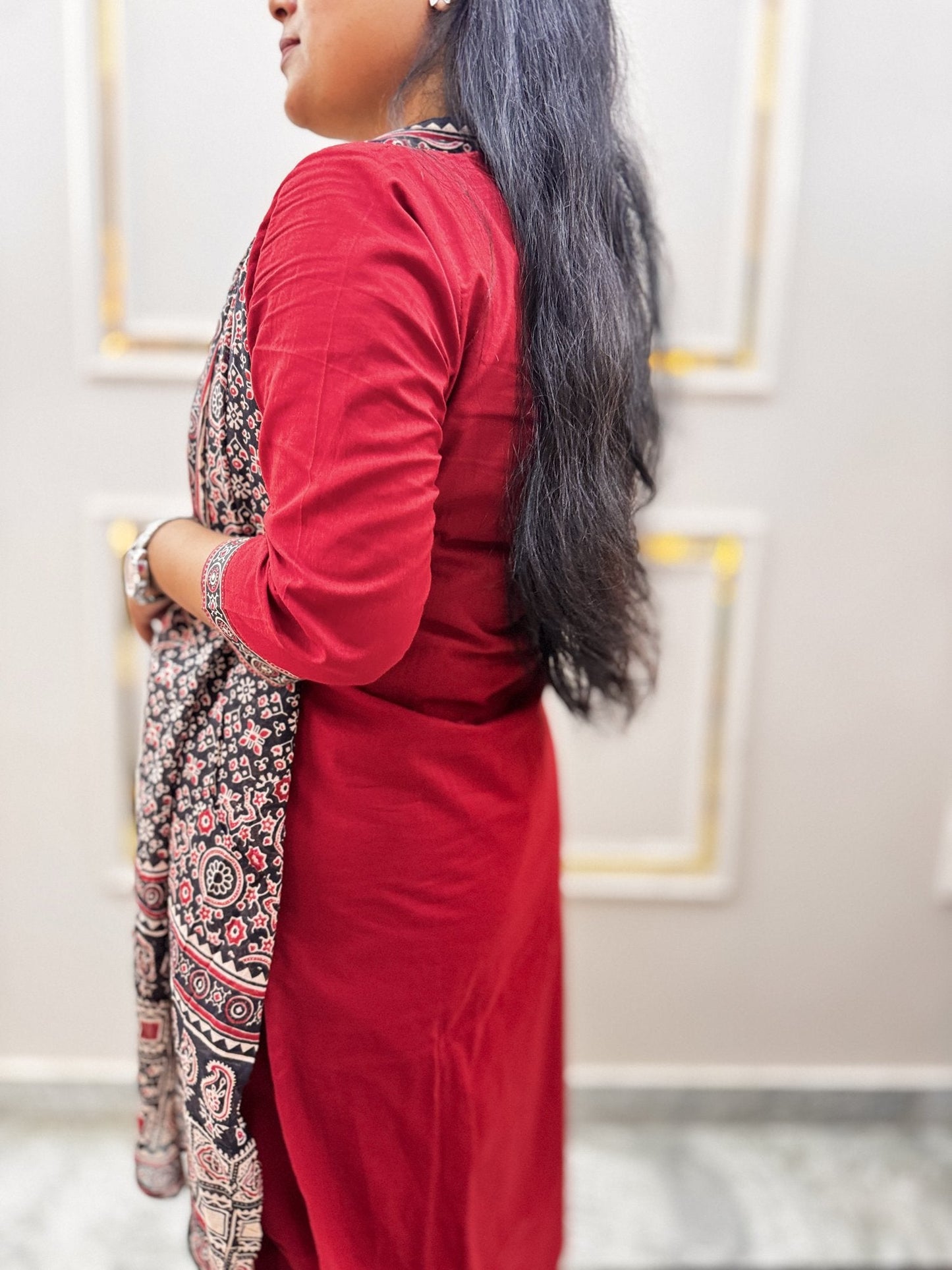 Maroon Ajrakh Print Cotton Kurta Set with Dupatta - Brisora, view 4 of 7