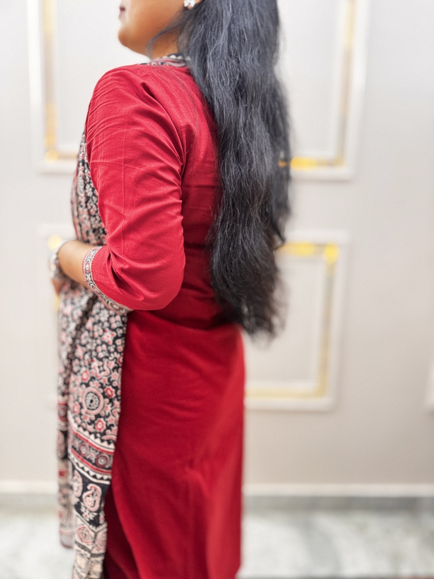 Maroon Ajrakh Print Cotton Kurta Set with Dupatta - Brisora, view 5 of 7