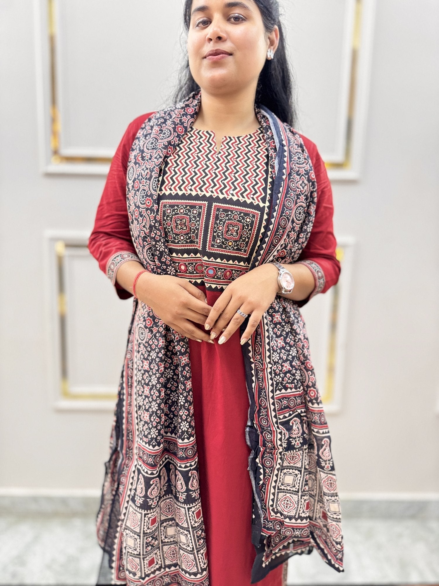 Maroon Ajrakh Print Cotton Kurta Set with Dupatta - Brisora, view 6 of 7
