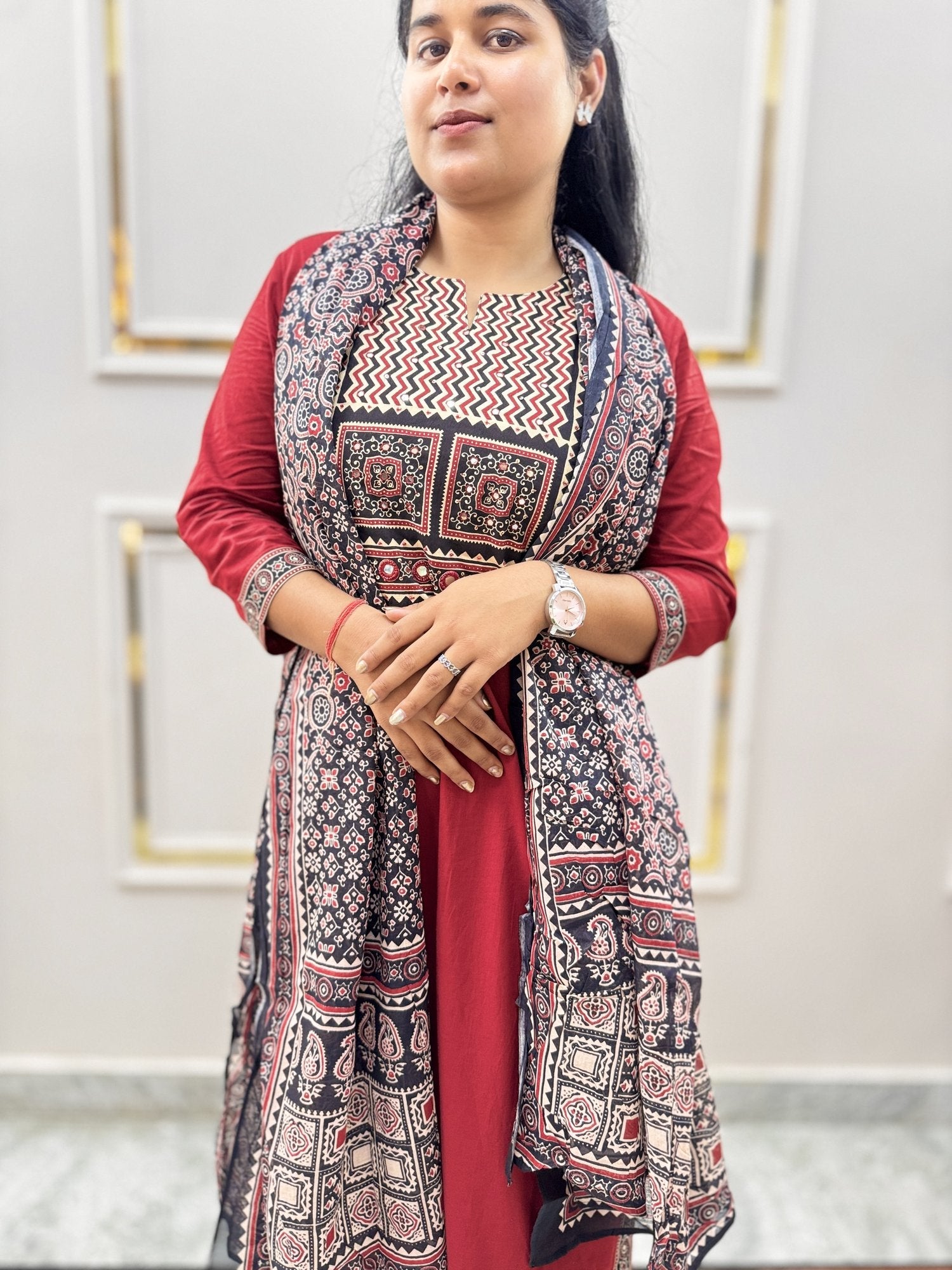 Maroon Ajrakh Print Cotton Kurta Set with Dupatta - Brisora, view 7 of 7