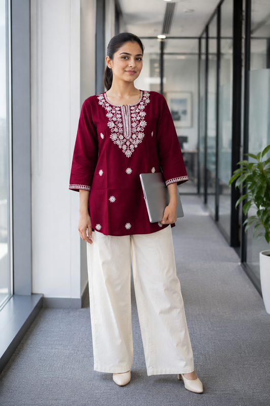 Maroon Chikankari Embroidered Kurti Set - view 1