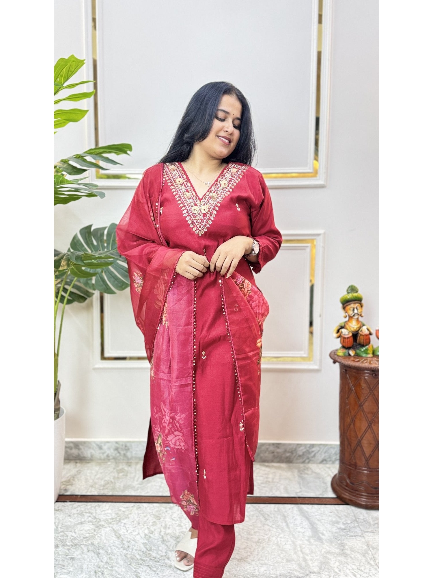 Maroon Embroidered Kurta Set with Printed Dupatta - Brisora, view 1 of 5