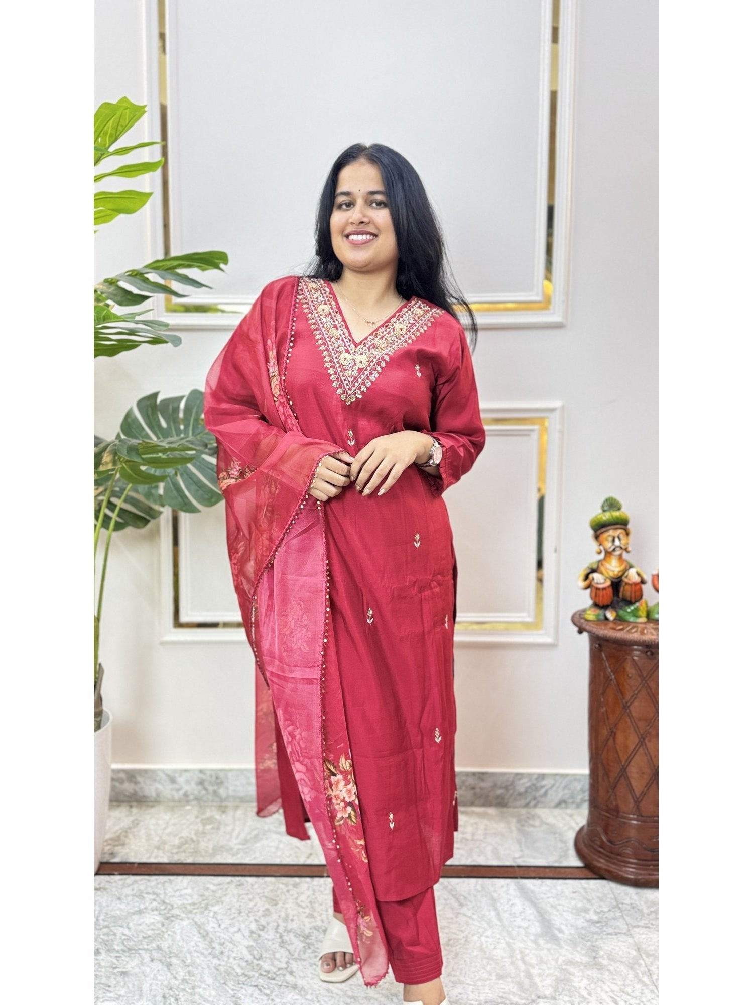 Maroon Embroidered Kurta Set with Printed Dupatta - Brisora, view 2 of 5