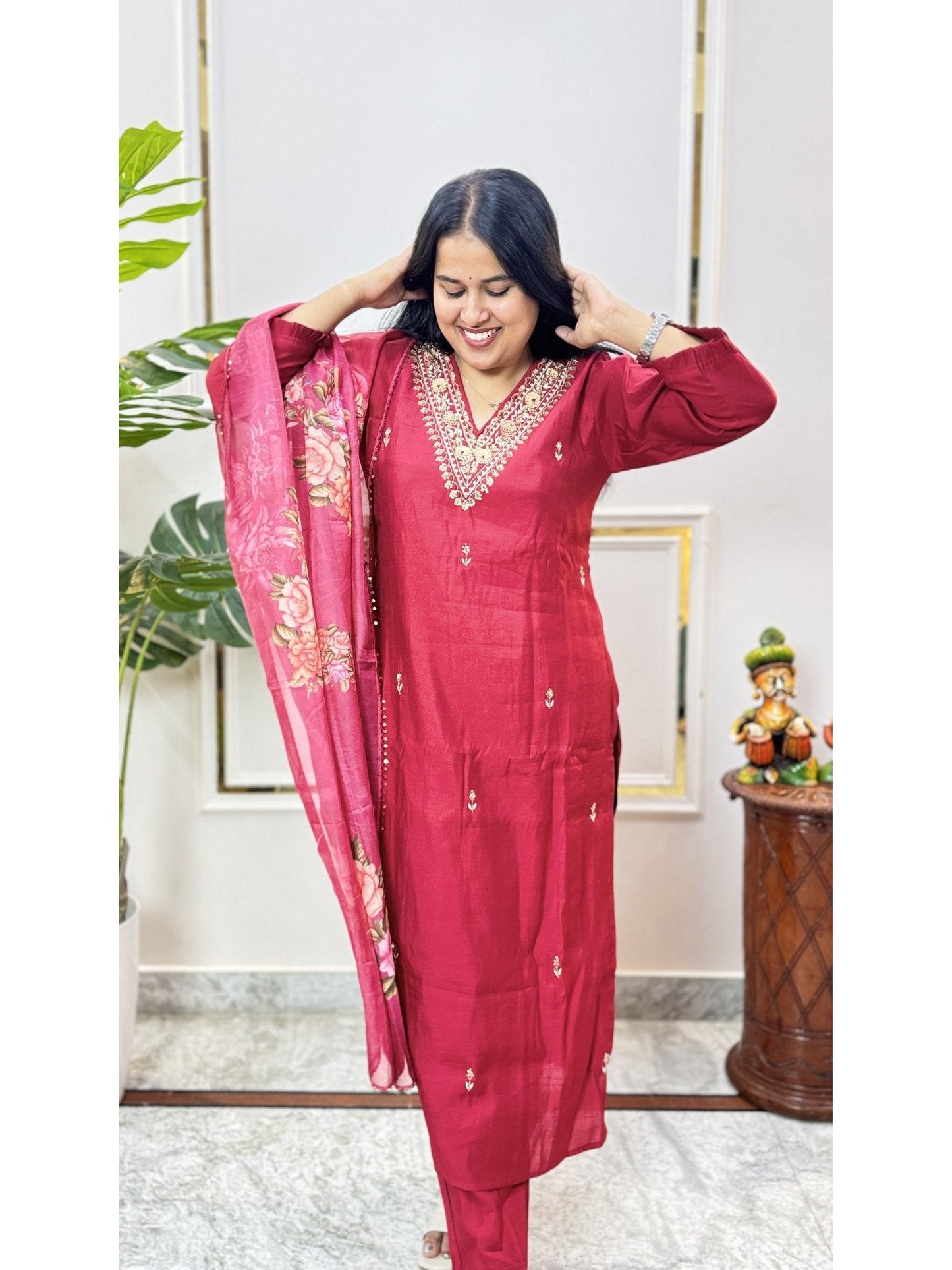 Maroon Embroidered Kurta Set with Printed Dupatta - Brisora, view 3 of 5