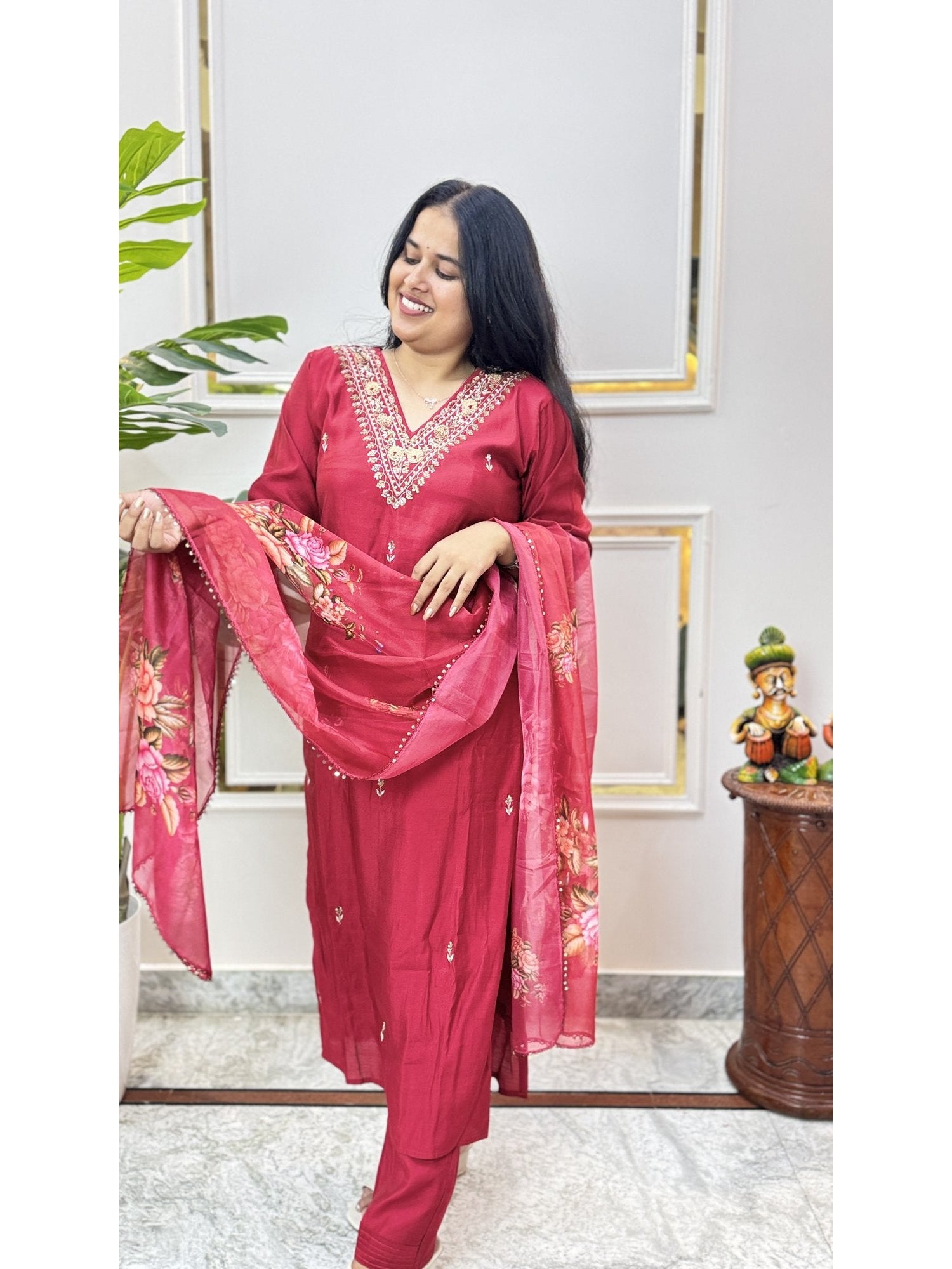 Maroon Embroidered Kurta Set with Printed Dupatta - Brisora, view 4 of 5