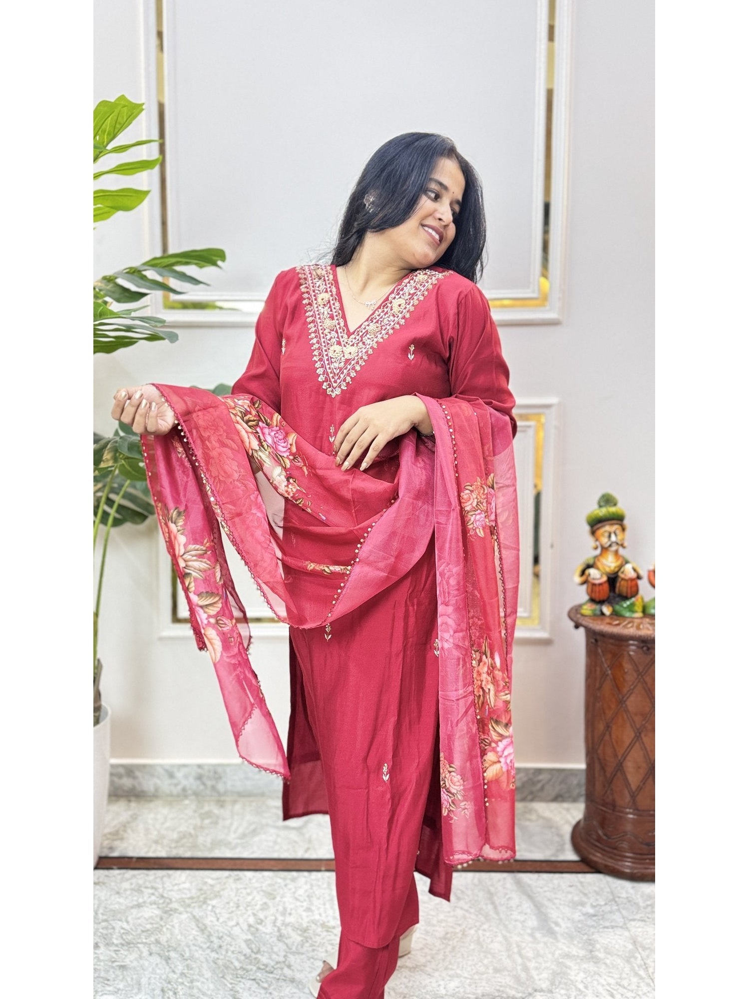 Maroon Embroidered Kurta Set with Printed Dupatta - Brisora, view 5 of 5