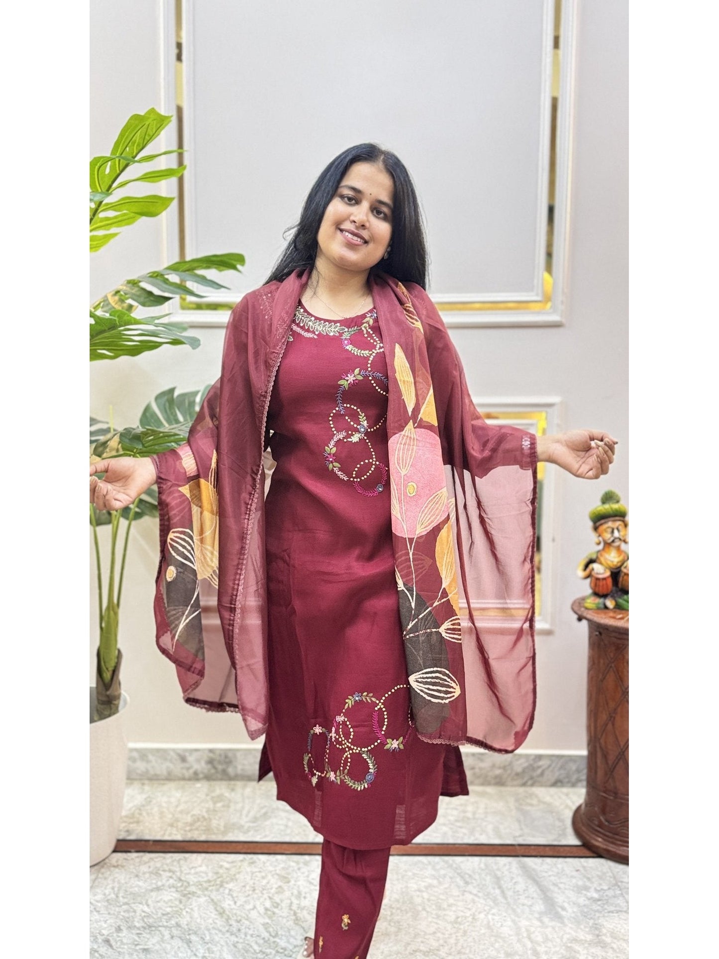 Maroon Kurta Set with Contrast Printed Dupatta - Brisora, view 1 of 5