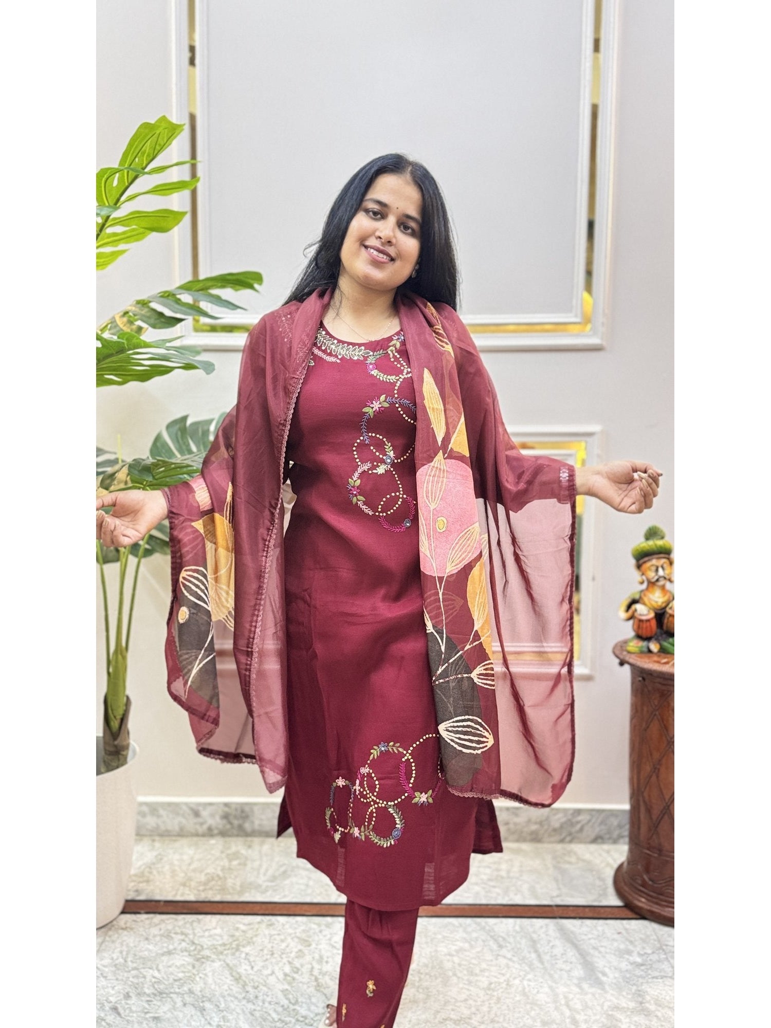 Maroon Kurta Set with Contrast Printed Dupatta - Brisora, view 1 of 5