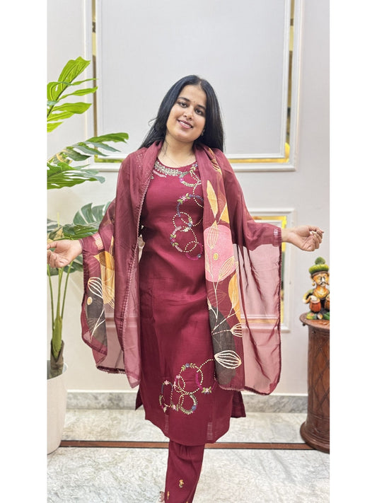 Maroon Kurta Set with Contrast Printed Dupatta - Brisora, view 1 of 5