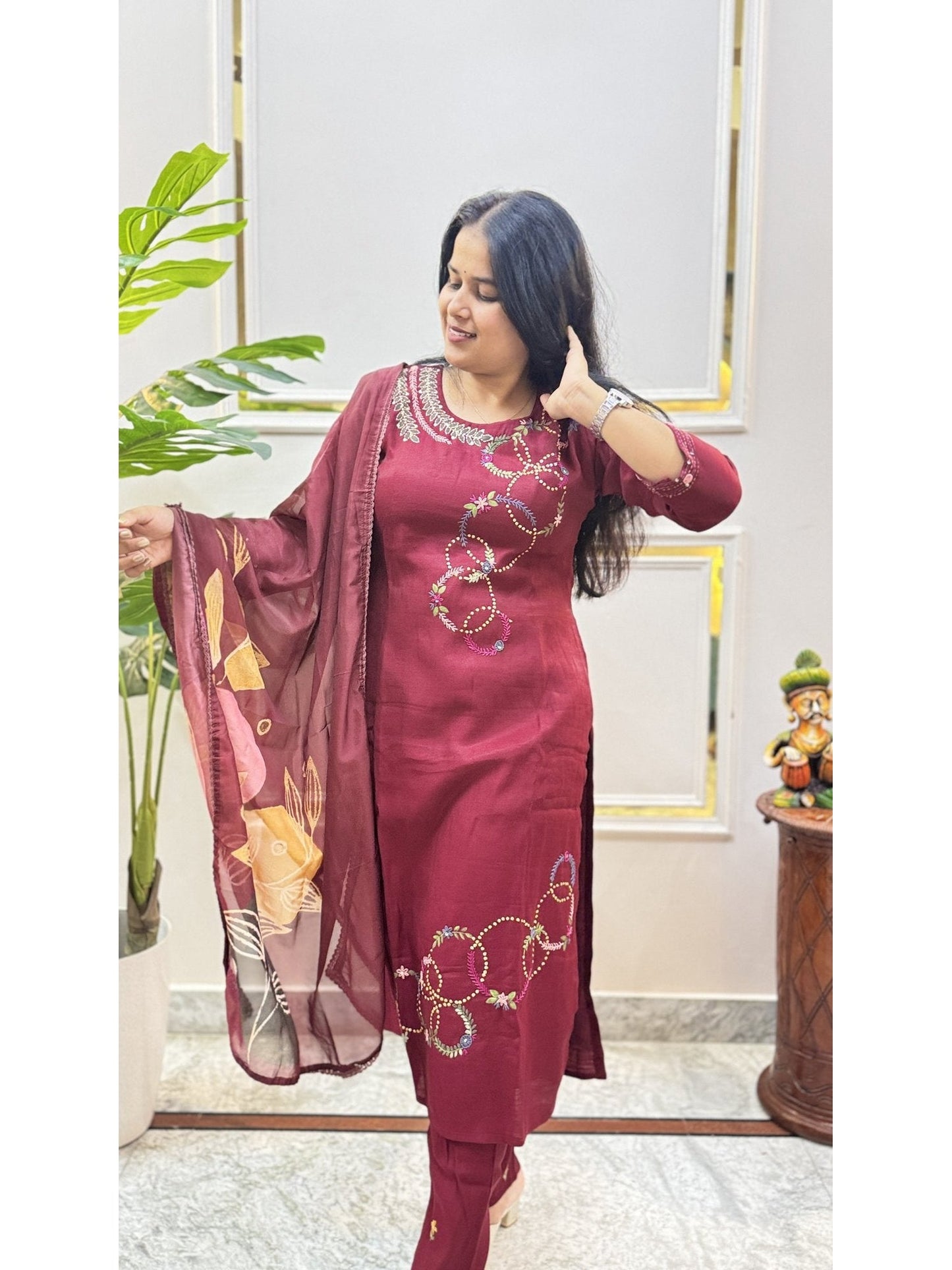 Maroon Kurta Set with Contrast Printed Dupatta - Brisora, view 2 of 5
