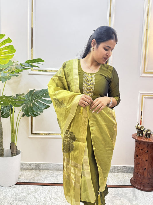 Mehendi Green Tissue Chanderi Kurta Set with Embroidered Yoke - Brisora, view 1 of 7