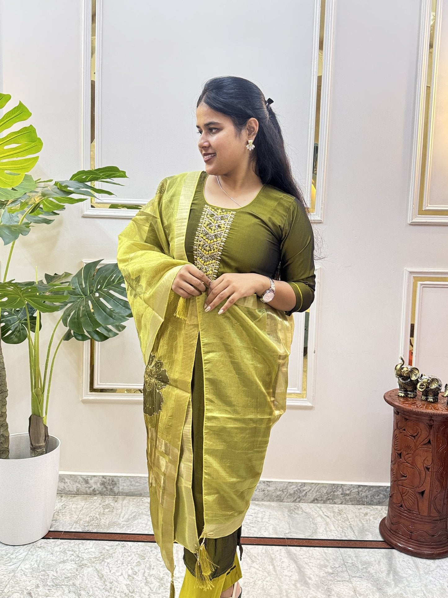 Mehendi Green Tissue Chanderi Kurta Set with Embroidered Yoke - Brisora, view 2 of 7