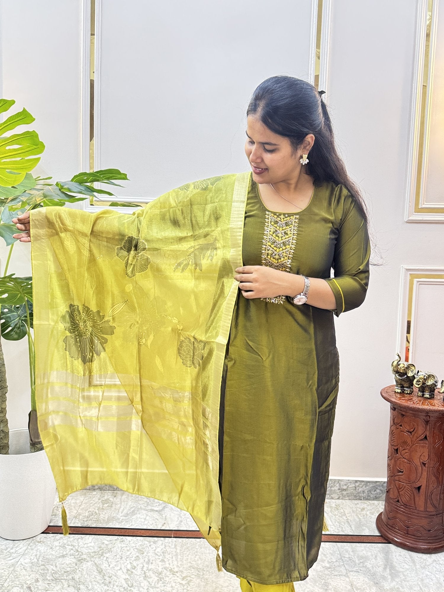 Mehendi Green Tissue Chanderi Kurta Set with Embroidered Yoke - Brisora, view 3 of 7