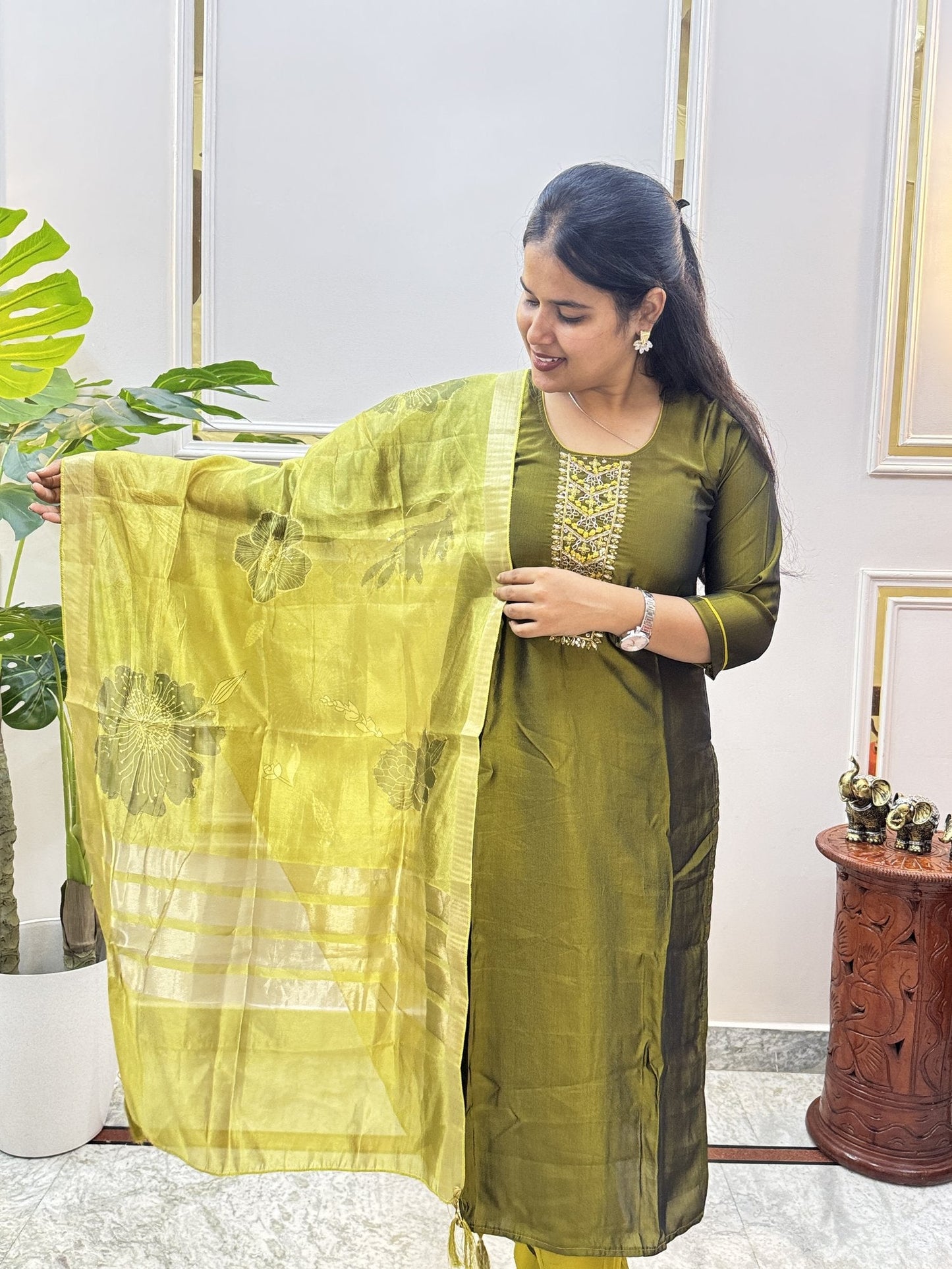 Mehendi Green Tissue Chanderi Kurta Set with Embroidered Yoke - Brisora, view 4 of 7