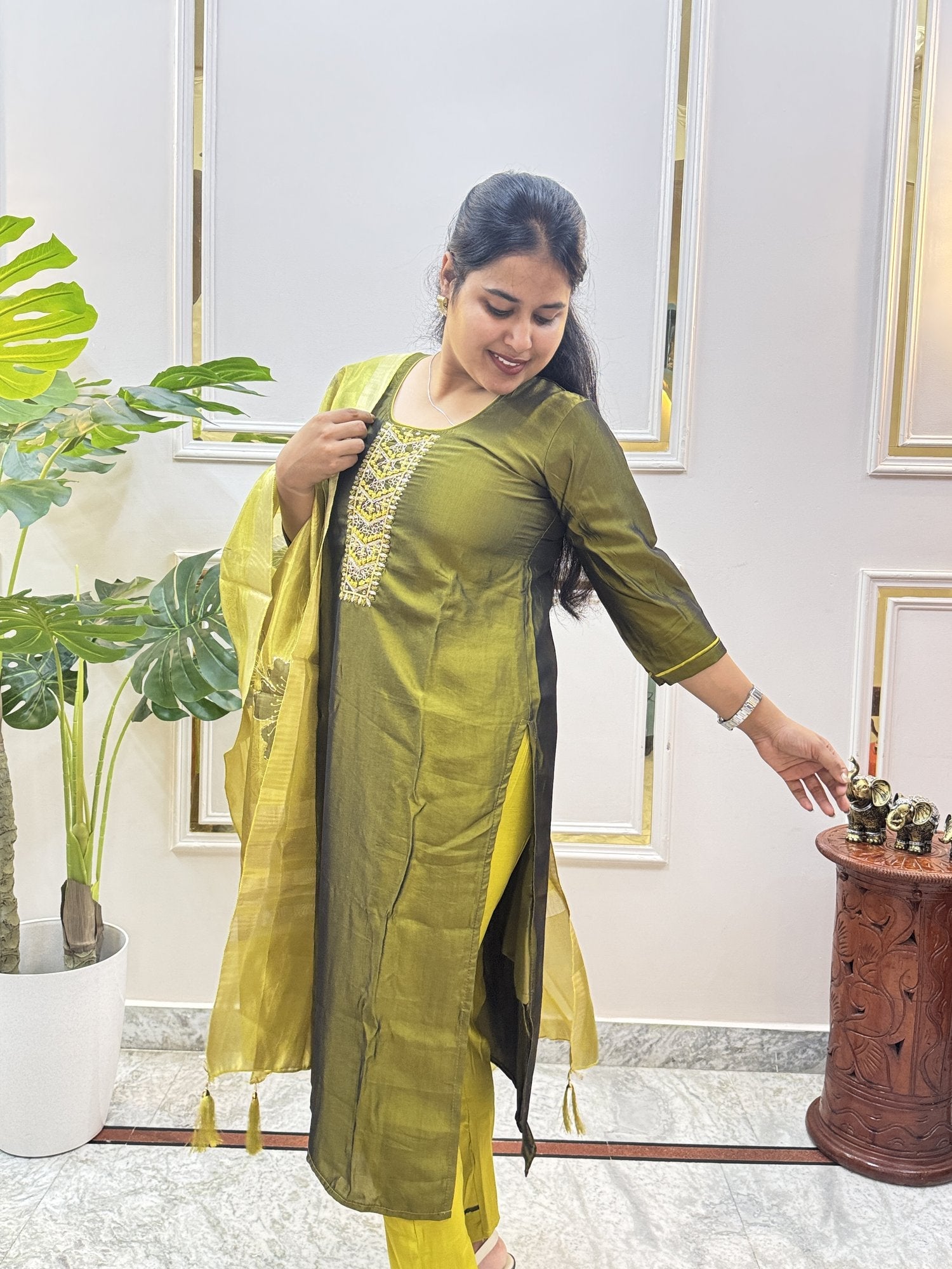 Mehendi Green Tissue Chanderi Kurta Set with Embroidered Yoke - Brisora, view 5 of 7