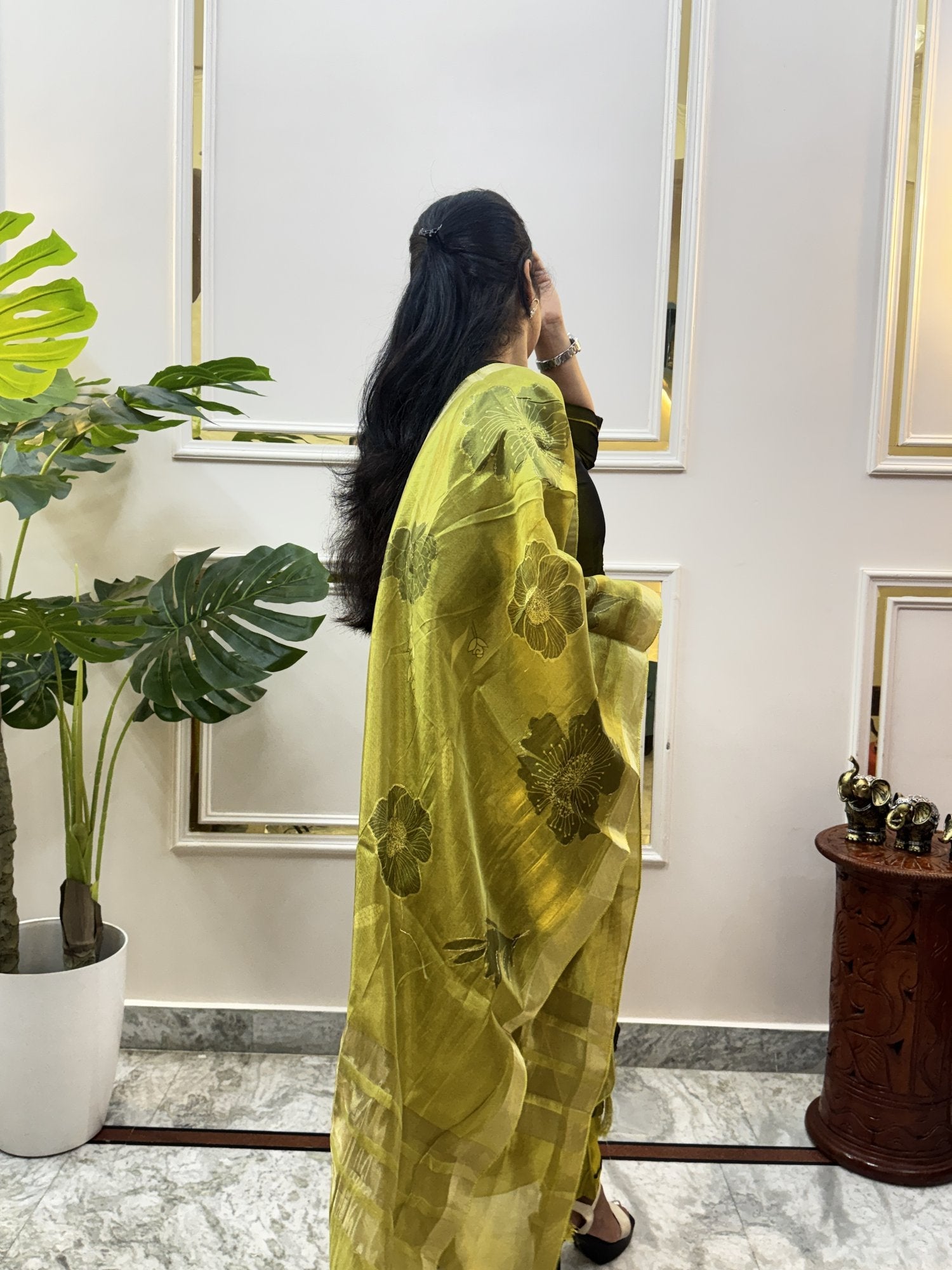 Mehendi Green Tissue Chanderi Kurta Set with Embroidered Yoke - Brisora, view 6 of 7