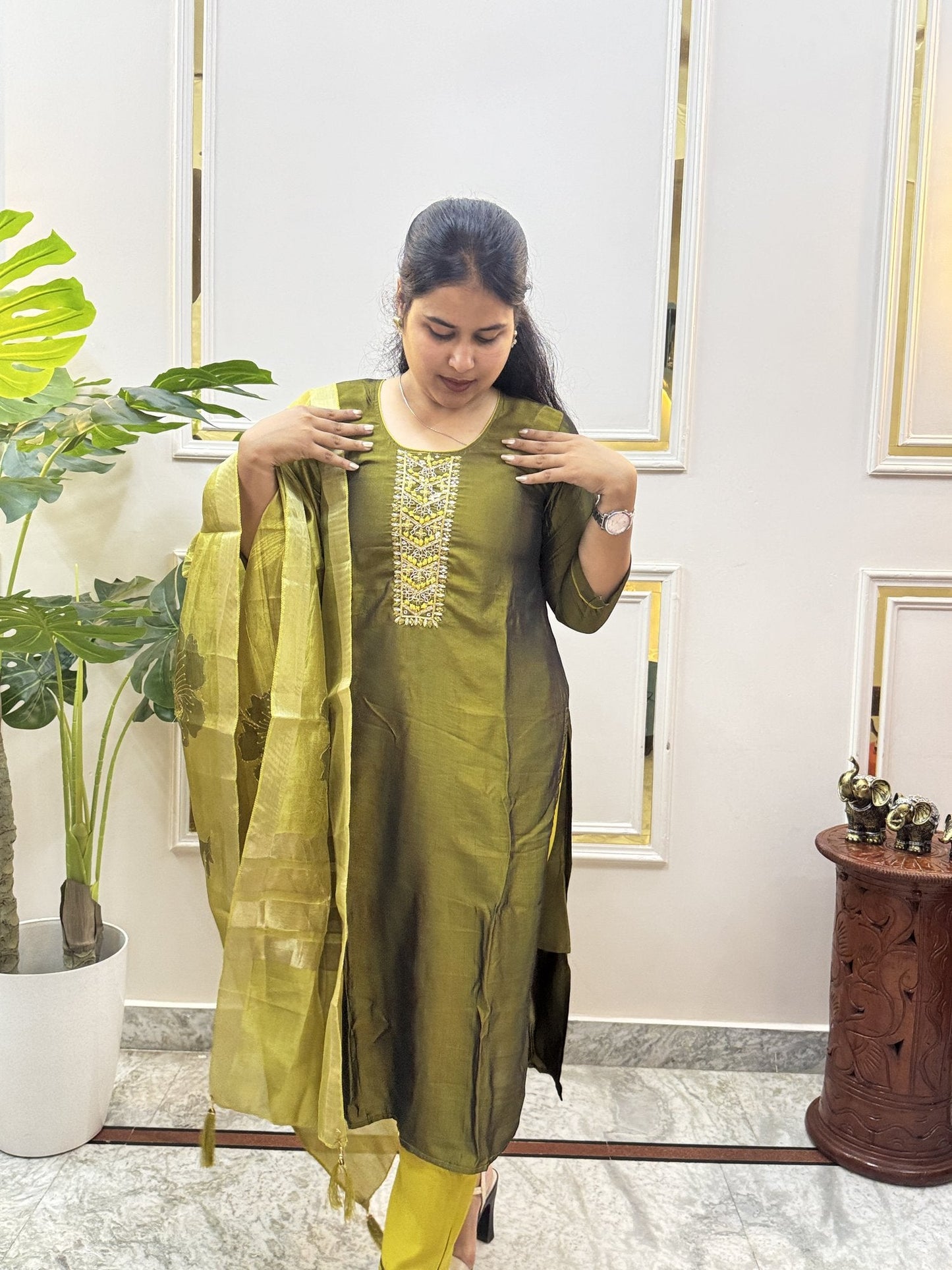 Mehendi Green Tissue Chanderi Kurta Set with Embroidered Yoke - Brisora, view 7 of 7