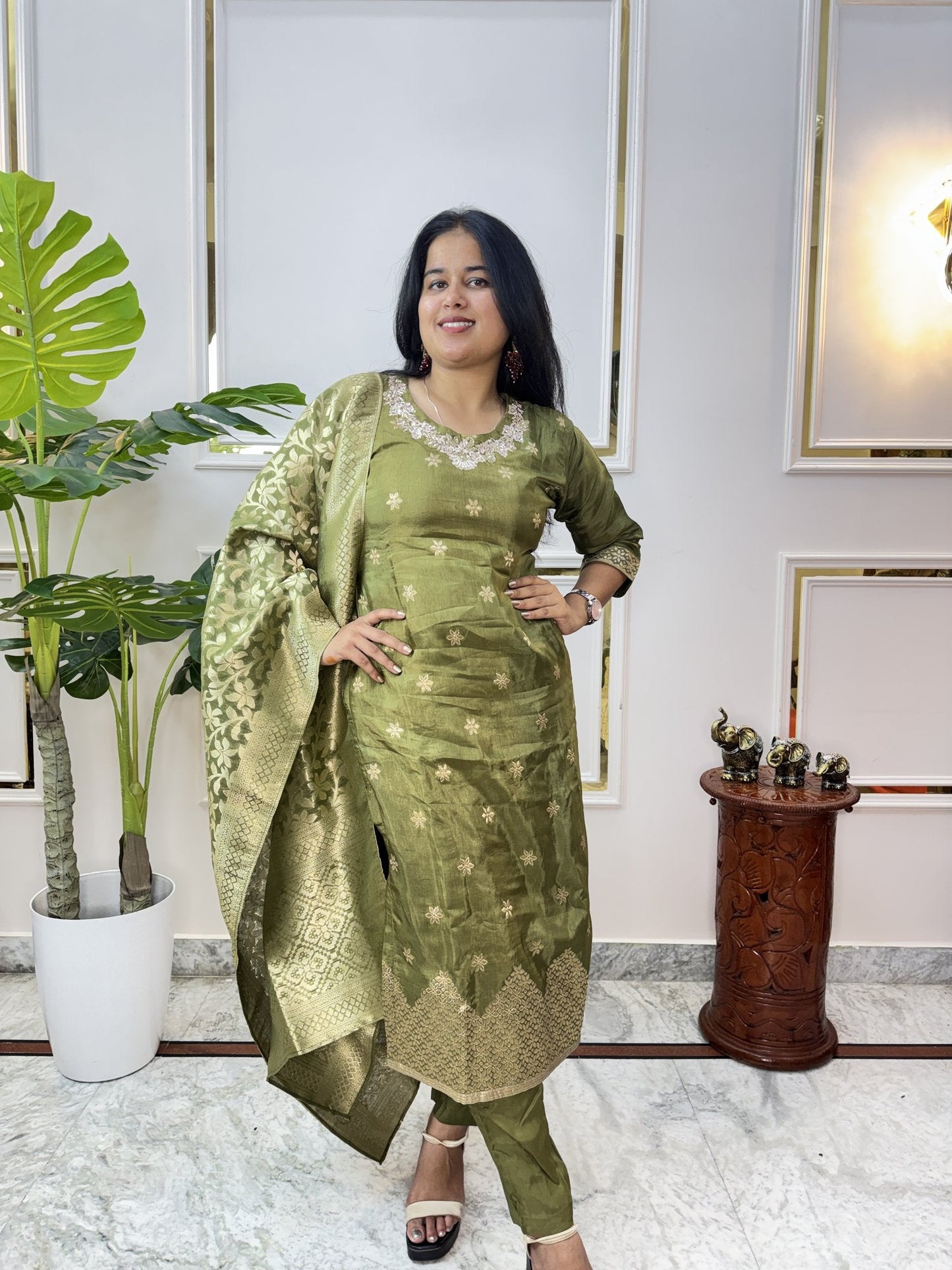 Mehendi Green Tissue Chanderi Kurta Set - Brisora, view 1 of 9