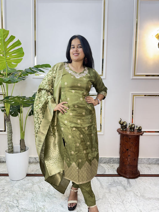 Mehendi Green Tissue Chanderi Kurta Set - Brisora, view 1 of 9