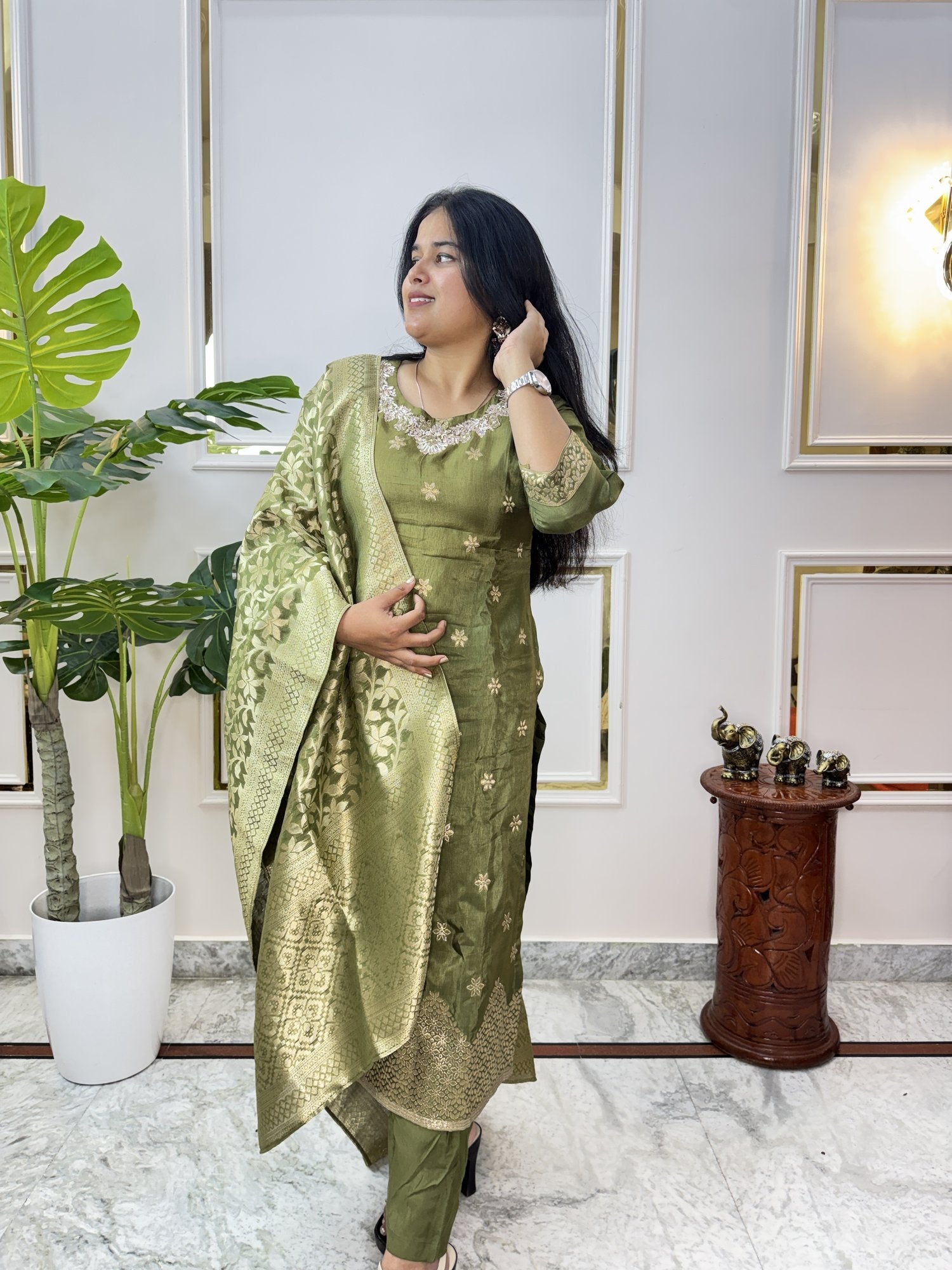 Mehendi Green Tissue Chanderi Kurta Set - Brisora, view 2 of 9