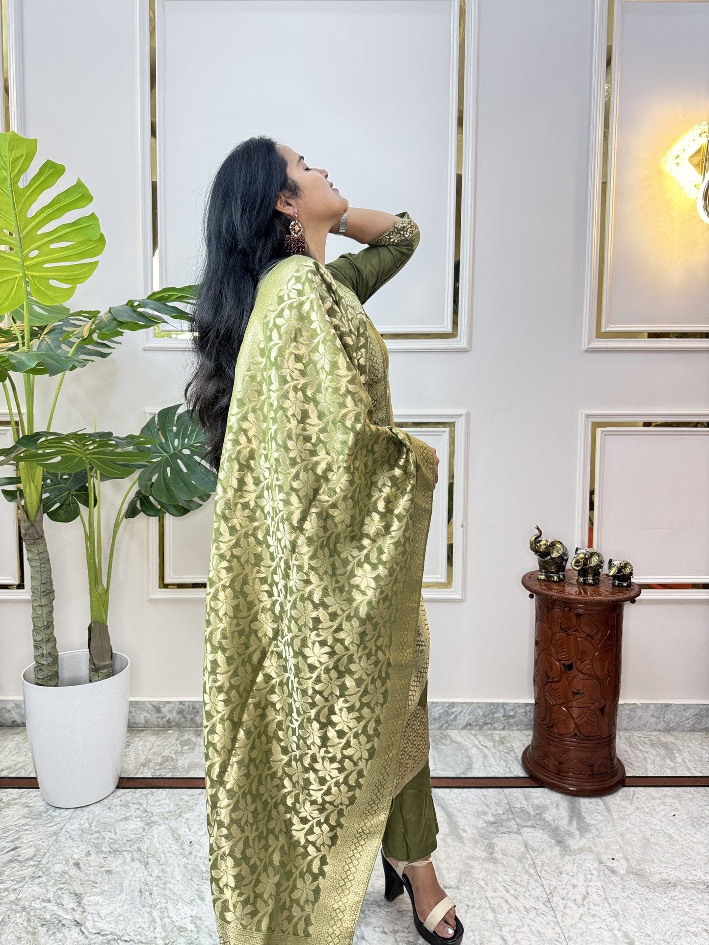 Mehendi Green Tissue Chanderi Kurta Set - Brisora, view 3 of 9
