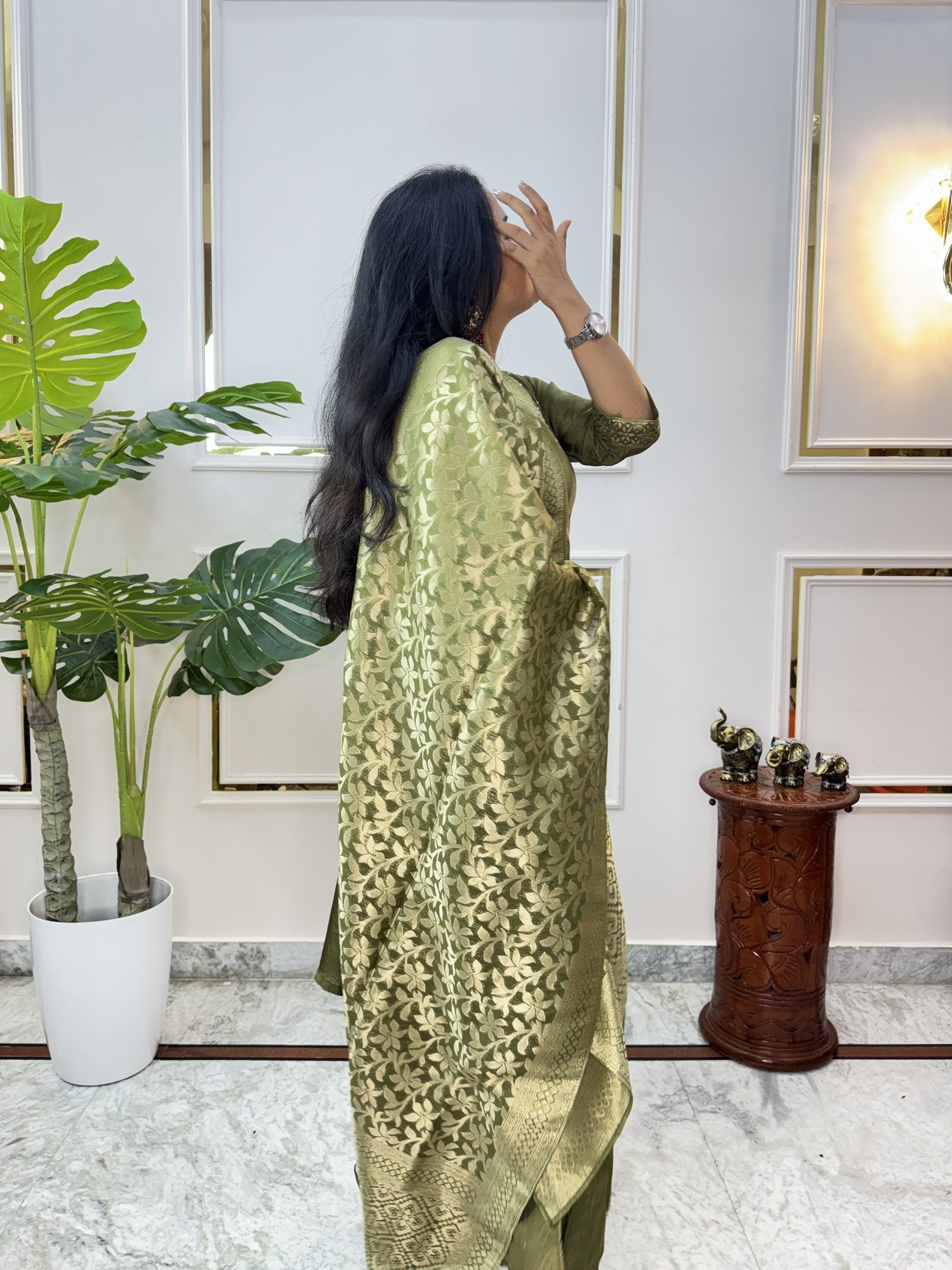 Mehendi Green Tissue Chanderi Kurta Set - Brisora, view 4 of 9