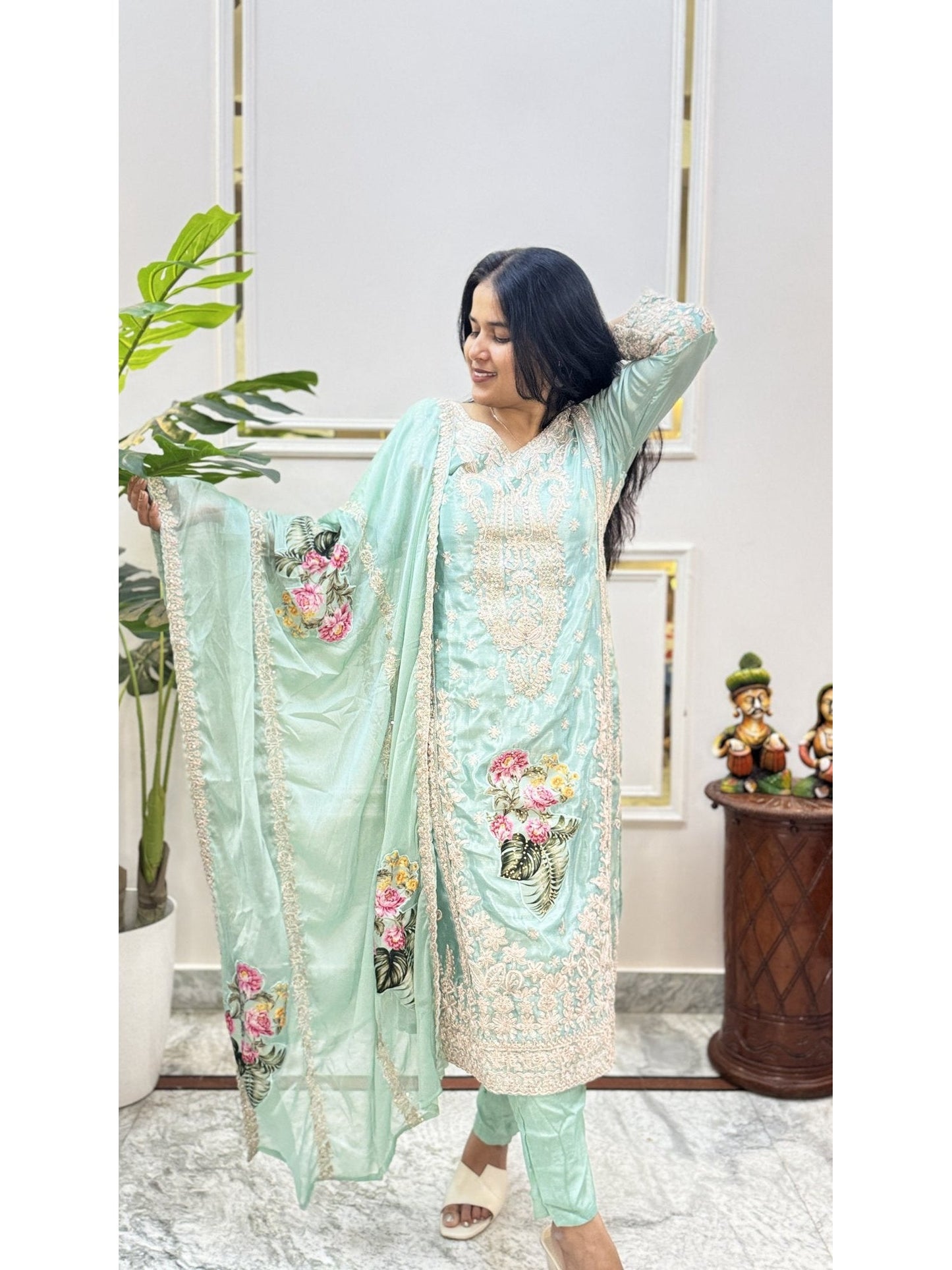 Mint Green Embroidered Kurta Set - Brisora, view 2 of 6